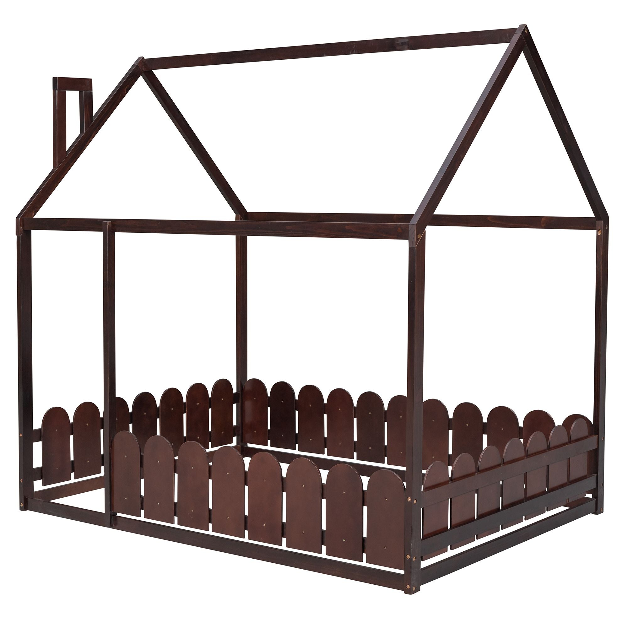 (Slats are not included) Full Size Wood Bed House Bed Frame with Fence; for Kids; Teens; Girls; Boys