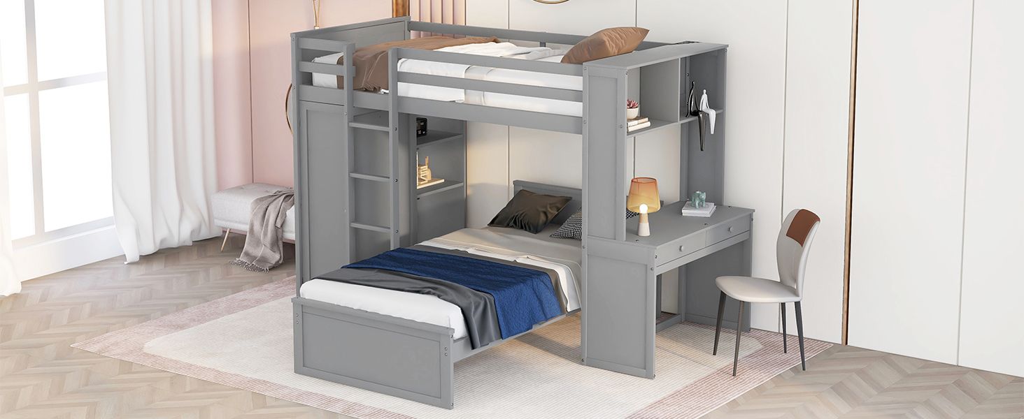Twin size Loft Bed with a Stand-alone bed; Shelves; Desk; and Wardrobe