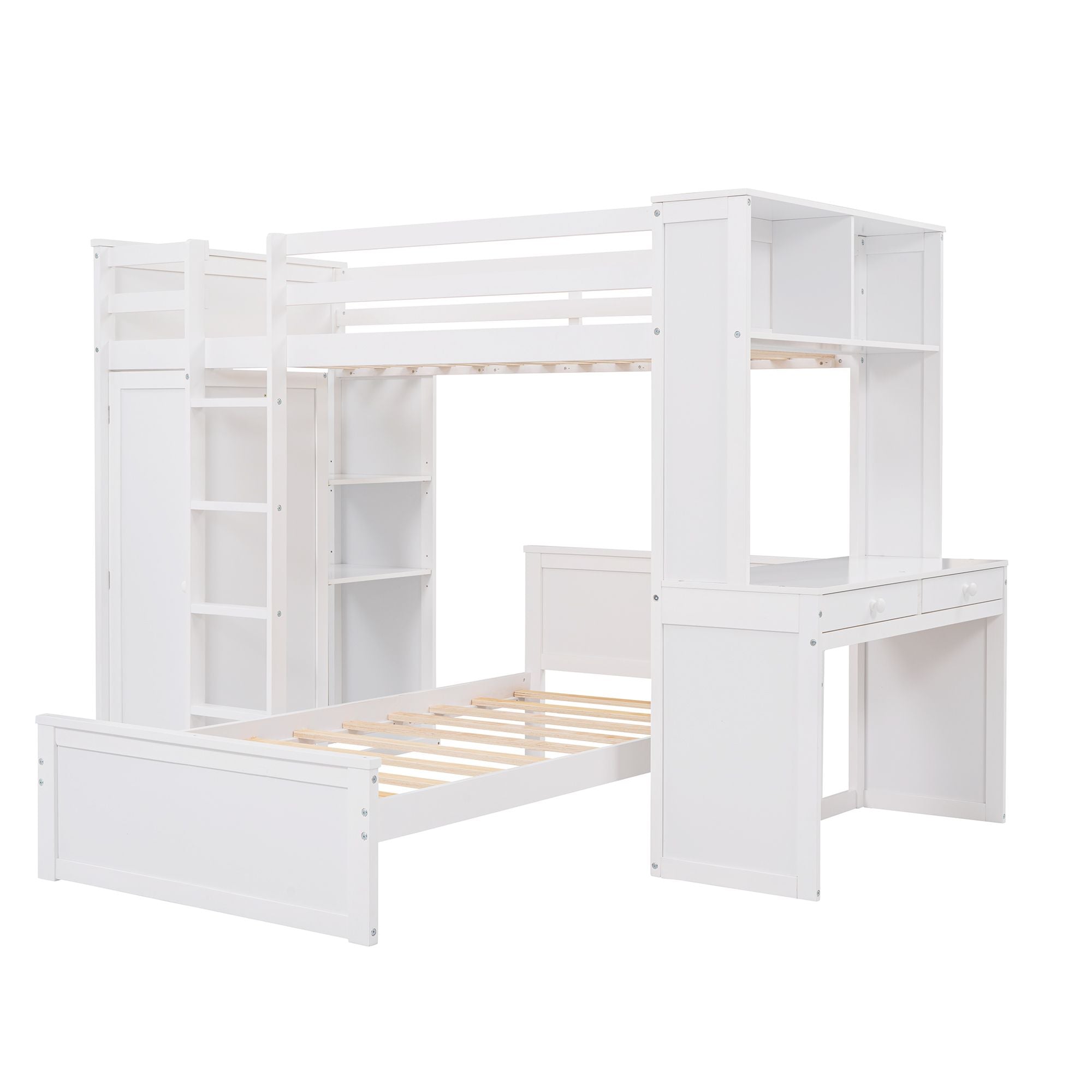 Twin size Loft Bed with a Stand-alone bed; Shelves; Desk; and Wardrobe