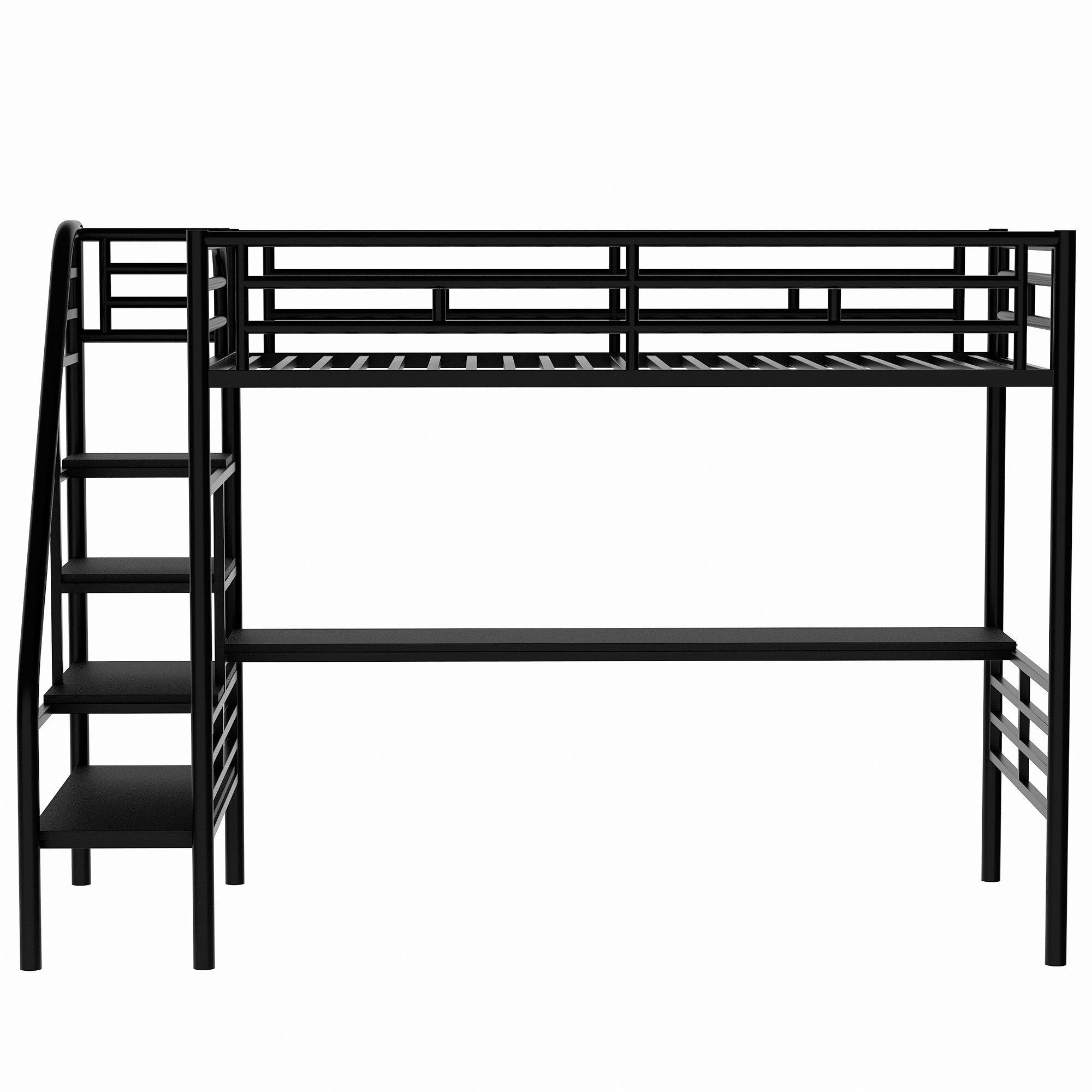 Metal Loft Bed Frame with Desk; No Box Spring Needed; Twin