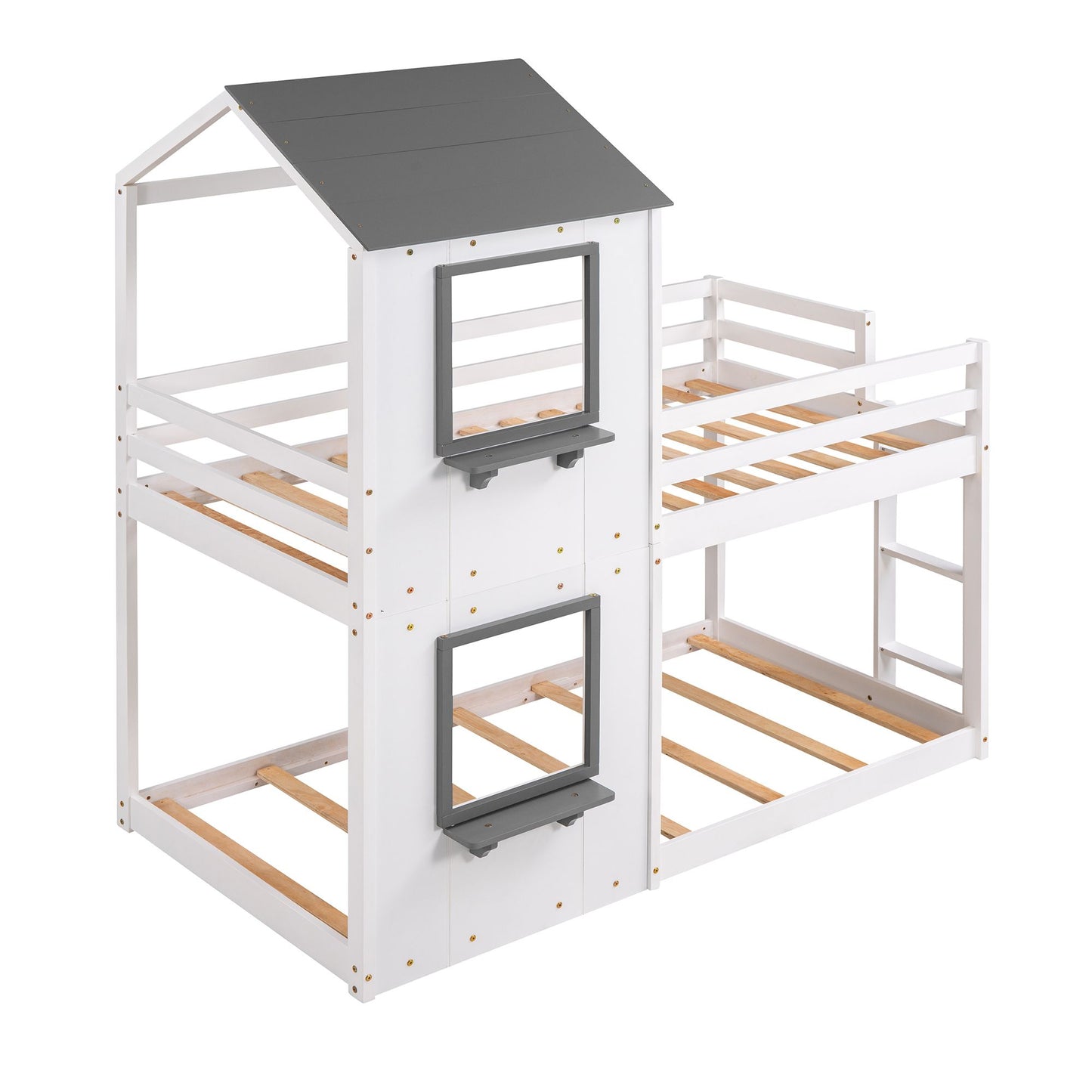 Twin Over Twin Bunk Bed Wood Bed with Roof; Window; Guardrail; Ladder