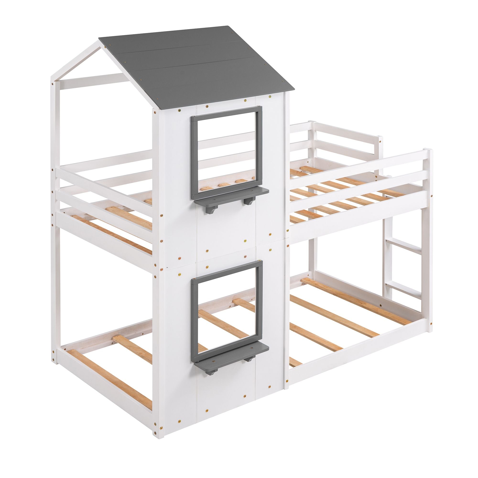 Twin Over Twin Bunk Bed Wood Bed with Roof; Window; Guardrail; Ladder