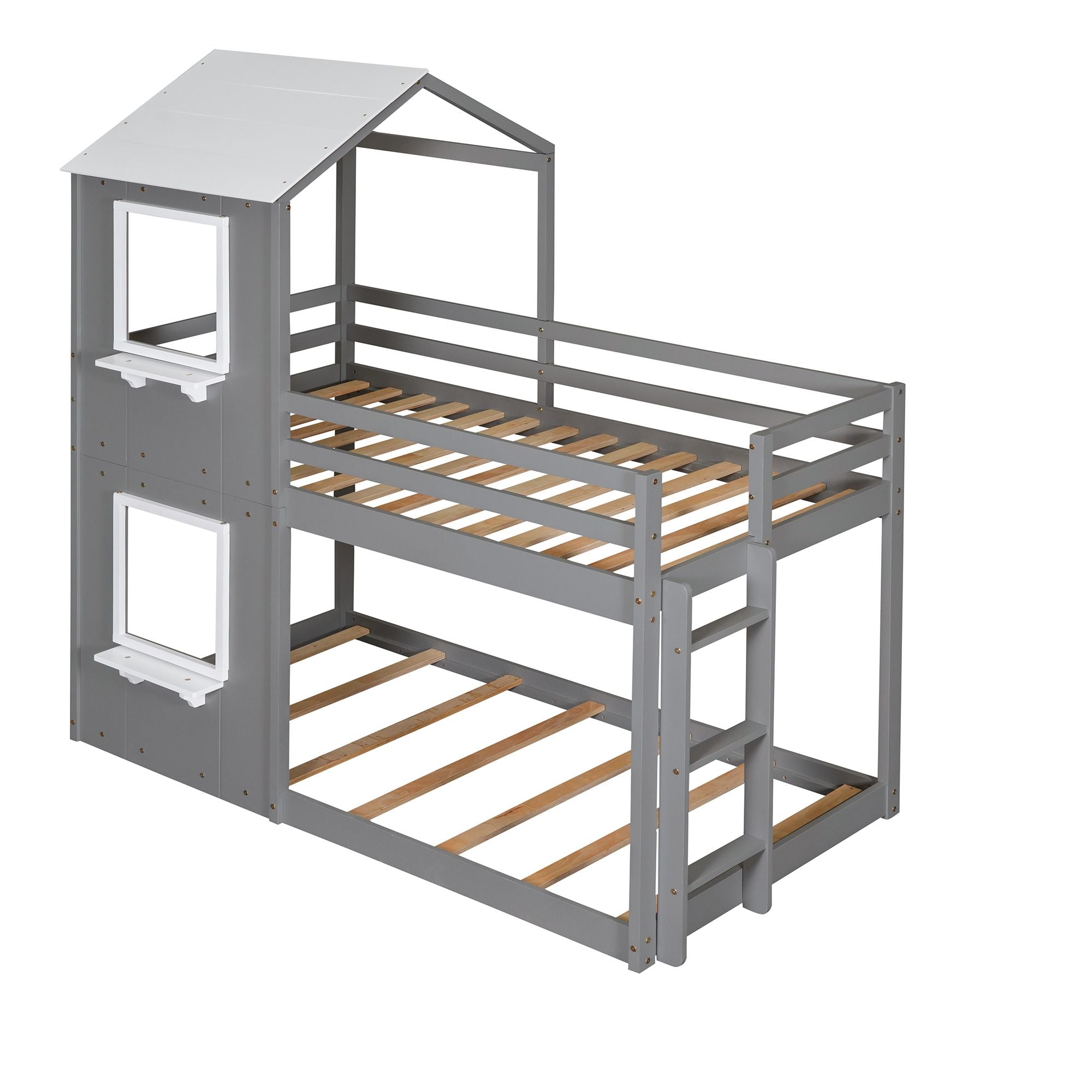 Twin Over Twin Bunk Bed Wood Bed with Roof; Window; Guardrail; Ladder