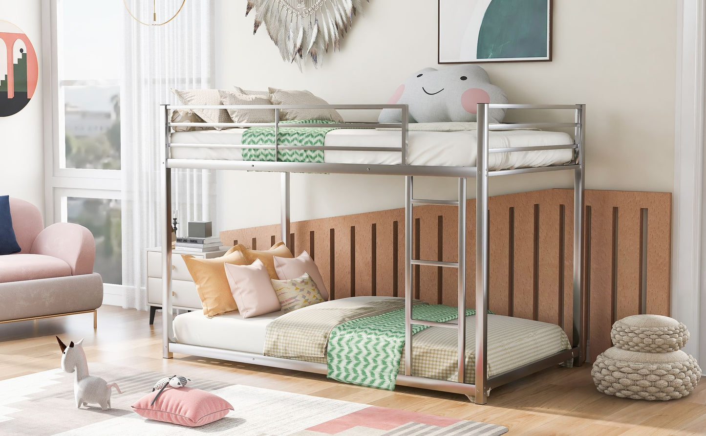 Twin over Twin Metal Bunk Bed; Low Bunk Bed with Ladder
