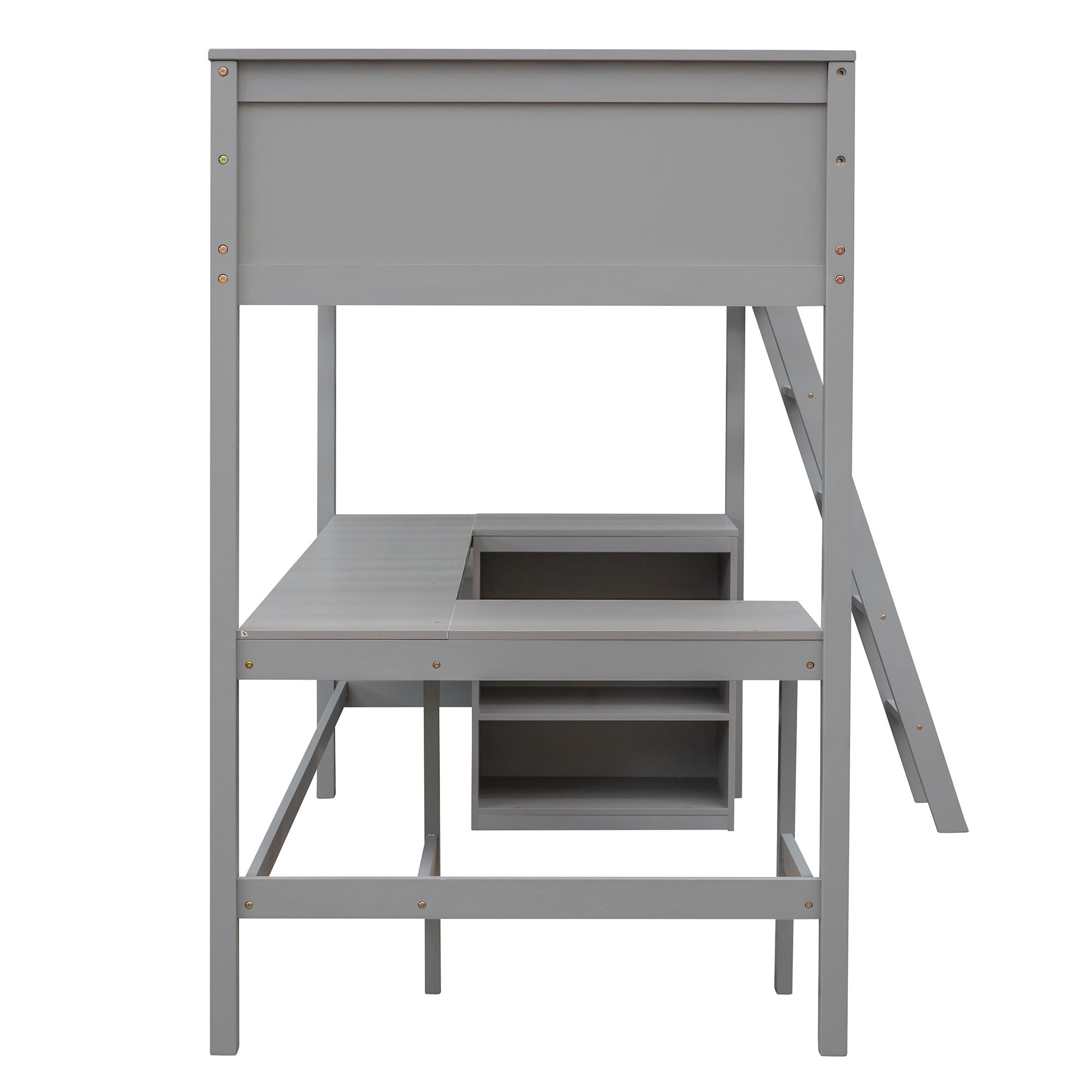 Twin size Loft Bed with Shelves and Desk; Wooden Loft Bed with Desk