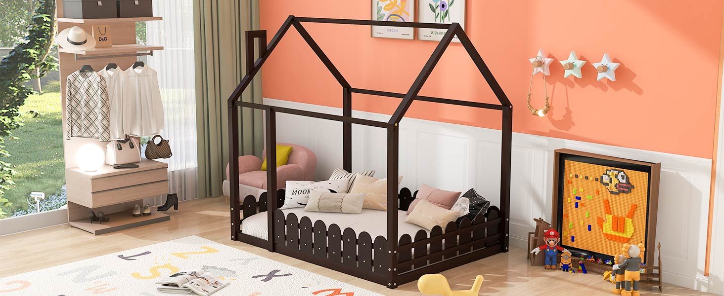 (Slats are not included) Full Size Wood Bed House Bed Frame with Fence; for Kids; Teens; Girls; Boys