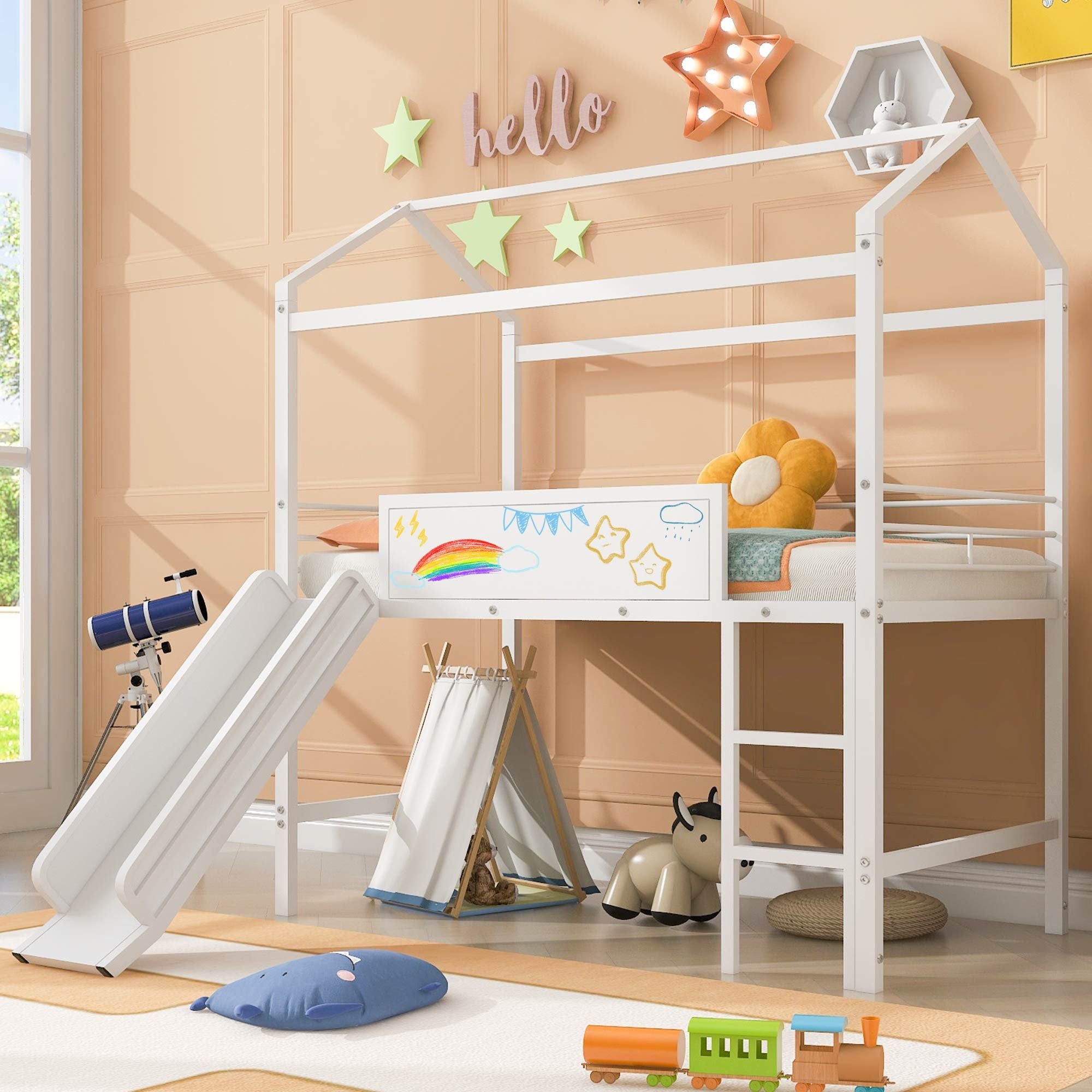 Metal House Bed With Slide; Twin Size Metal Loft Bed with Two-sided writable Wooden Board