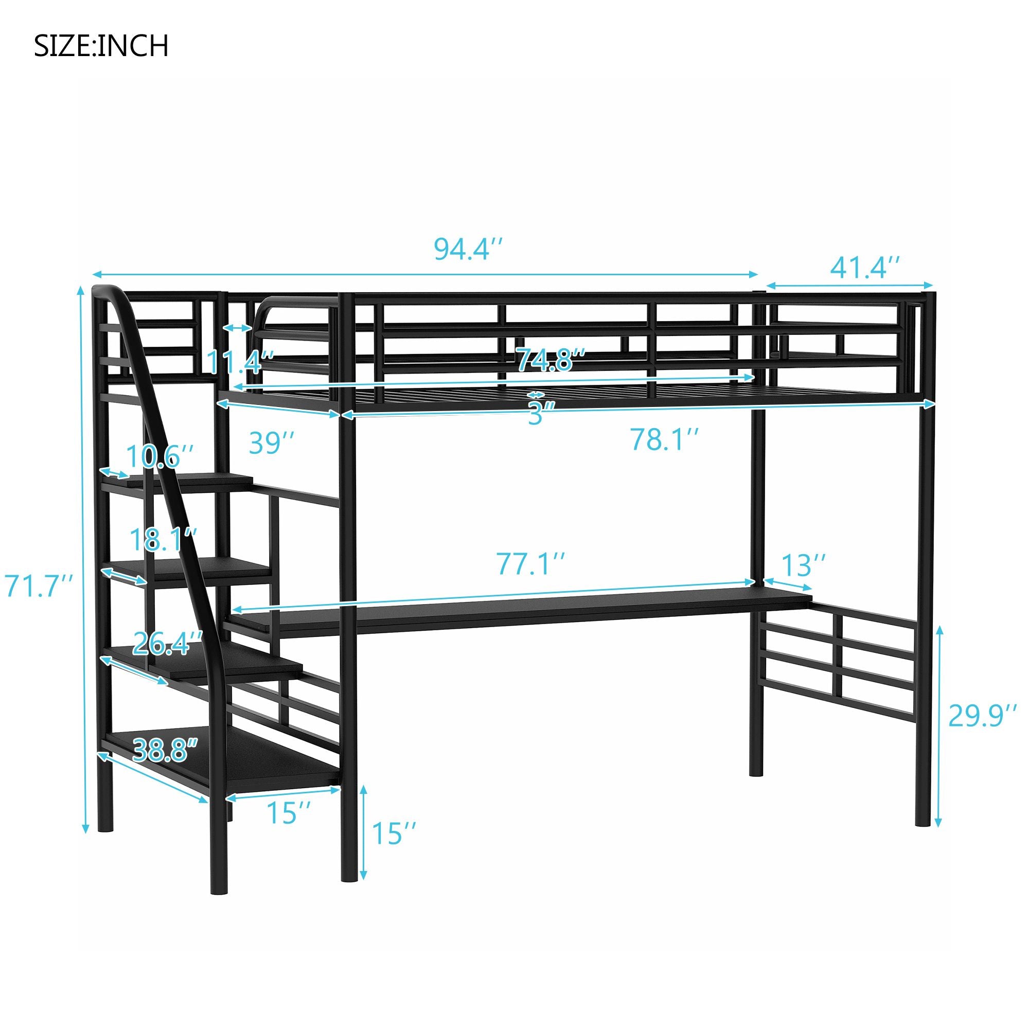 Metal Loft Bed Frame with Desk; No Box Spring Needed; Twin