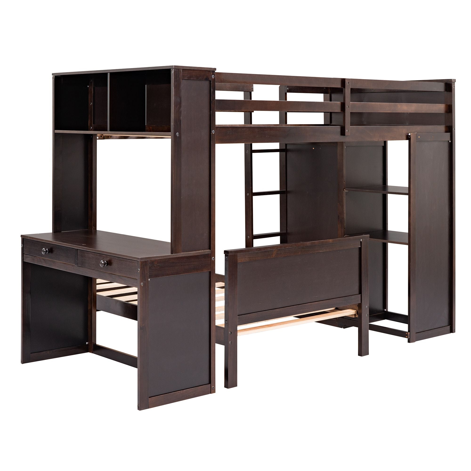 Twin size Loft Bed with a Stand-alone bed; Shelves; Desk; and Wardrobe