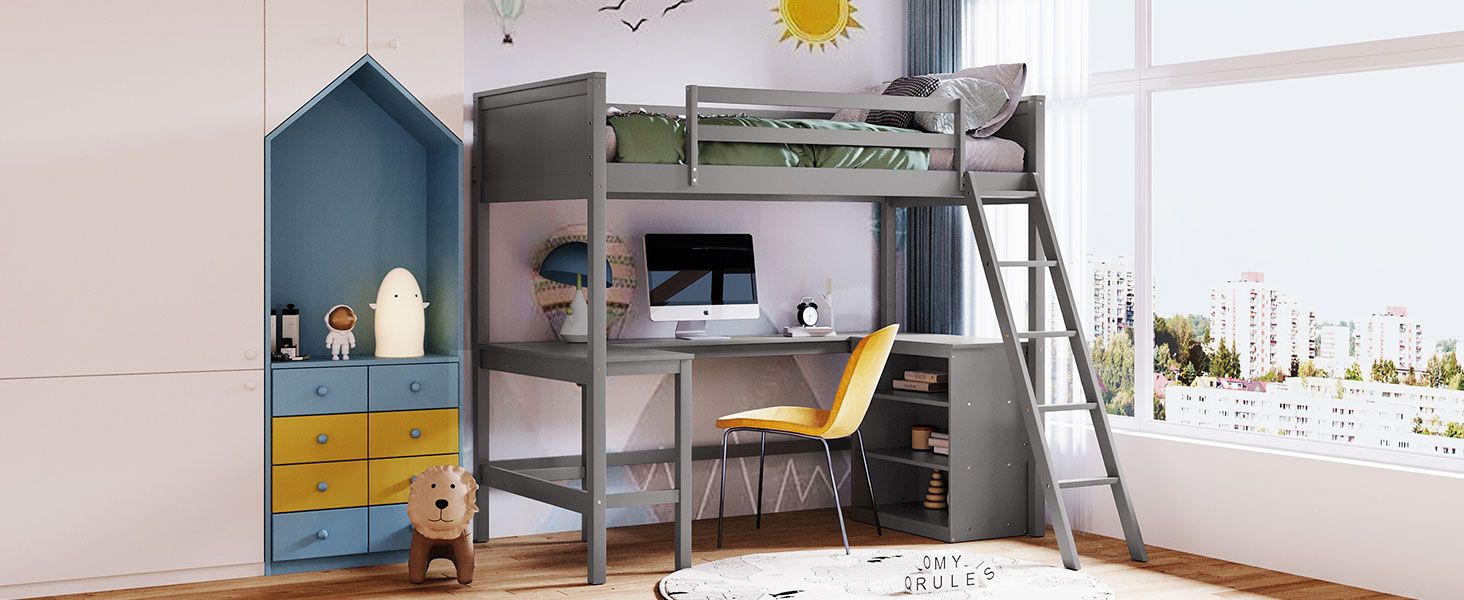 Twin size Loft Bed with Shelves and Desk; Wooden Loft Bed with Desk