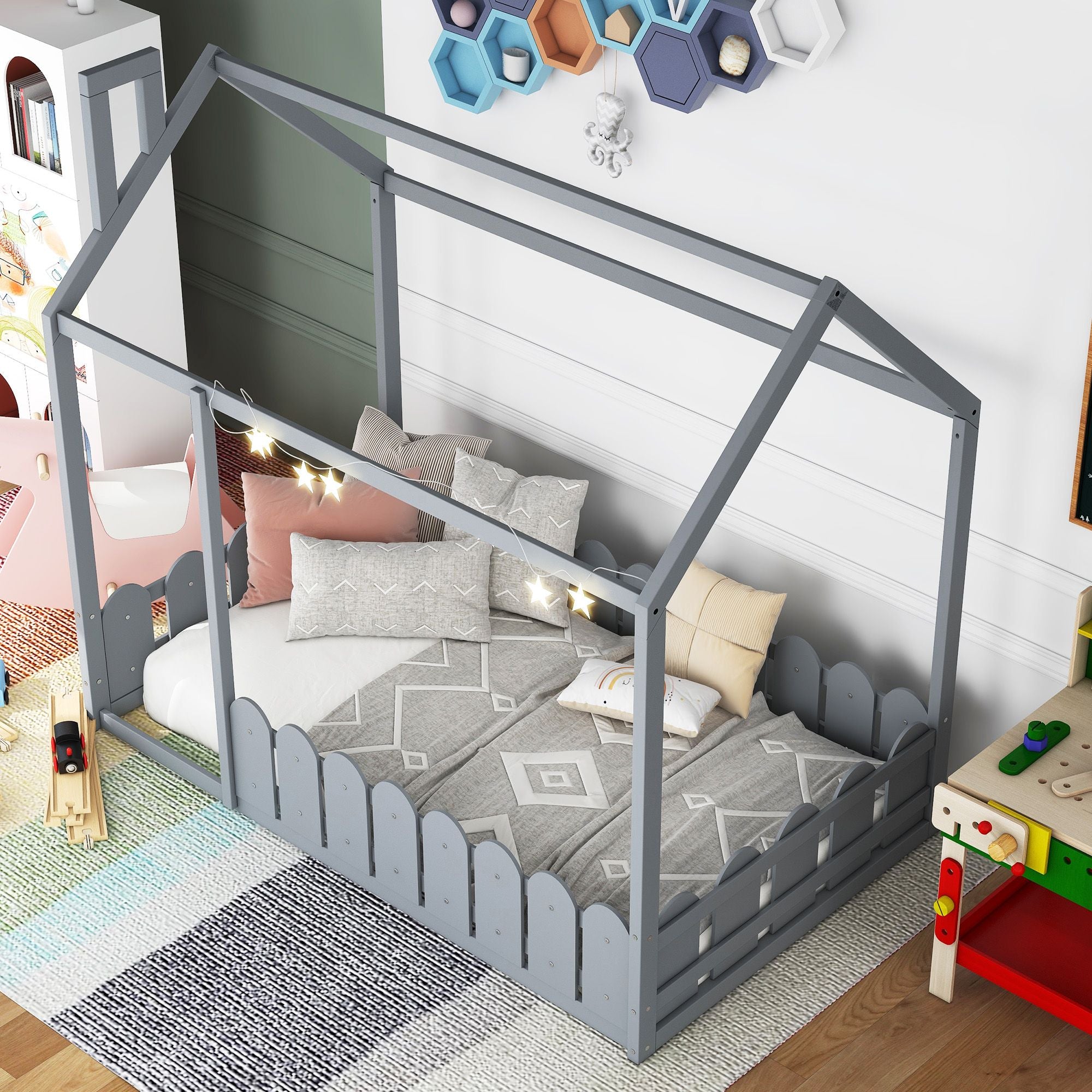 (Slats are not included) Twin Size Wood Bed House Bed Frame with Fence; for Kids; Teens; Girls; Boys