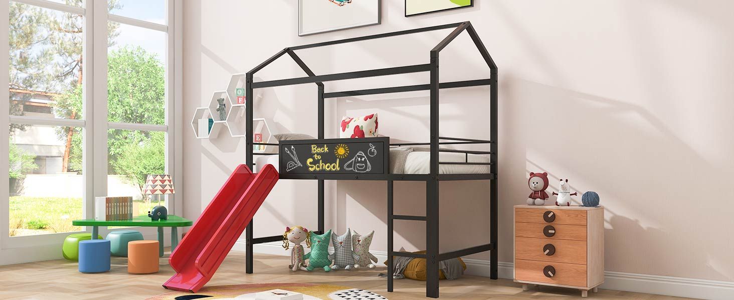 Metal House Bed With Slide; Twin Size Metal Loft Bed with Two-sided writable Wooden Board