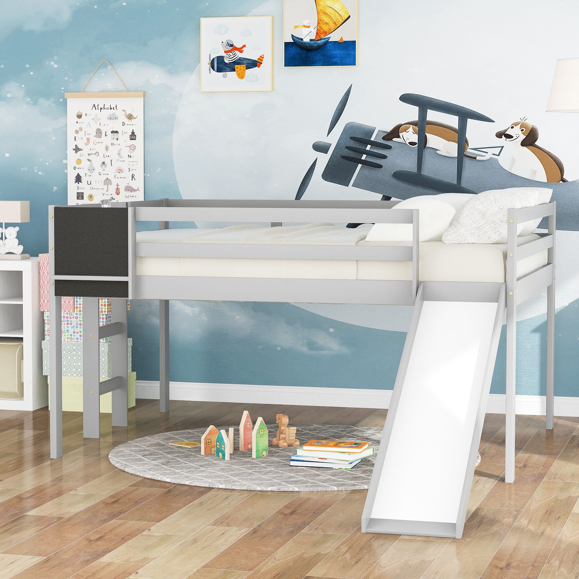 Full size Loft Bed Wood Bed with Slide; Stair and Chalkboard
