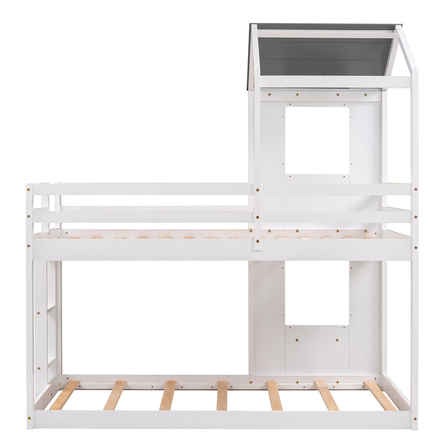 Twin Over Twin Bunk Bed Wood Bed with Roof; Window; Guardrail; Ladder