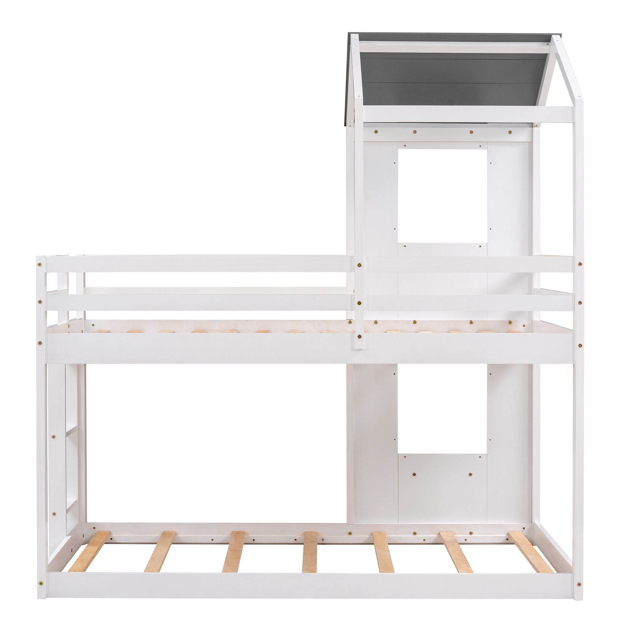 Twin Over Twin Bunk Bed Wood Bed with Roof; Window; Guardrail; Ladder