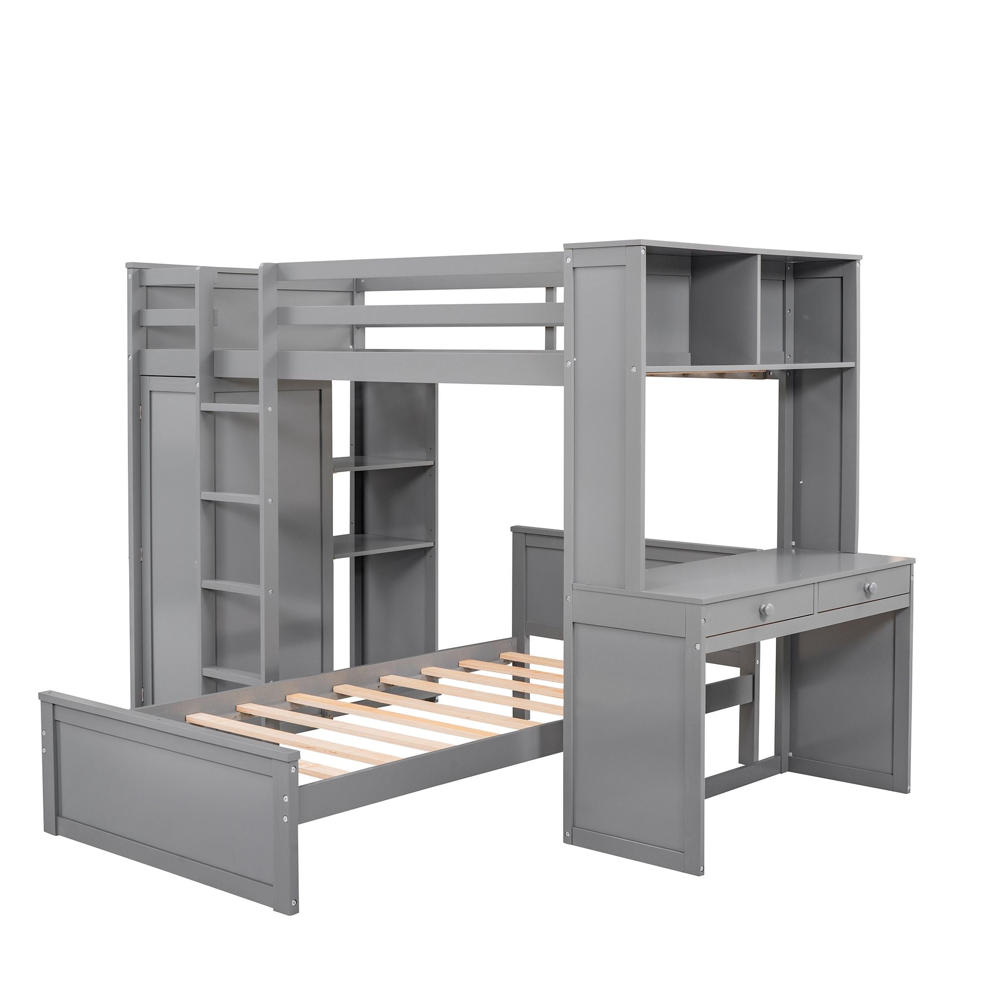 Twin size Loft Bed with a Stand-alone bed; Shelves; Desk; and Wardrobe