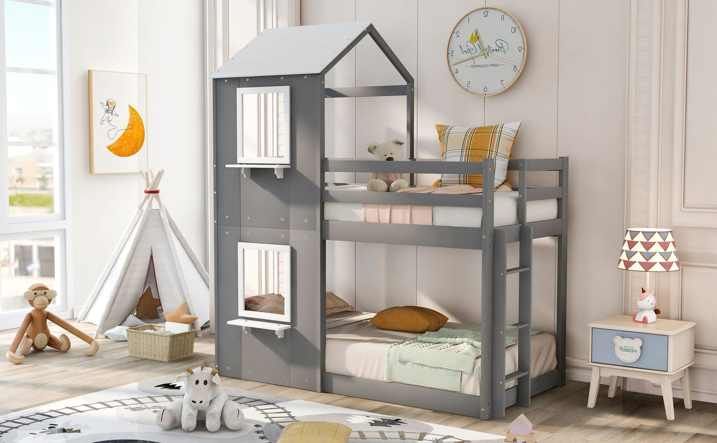 Twin Over Twin Bunk Bed Wood Bed with Roof; Window; Guardrail; Ladder