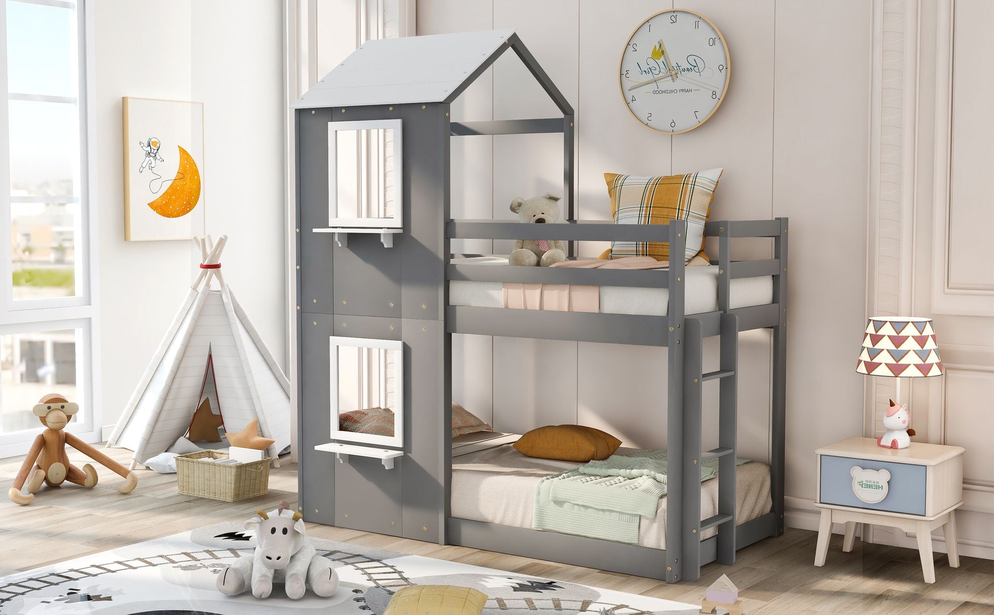 Twin Over Twin Bunk Bed Wood Bed with Roof; Window; Guardrail; Ladder