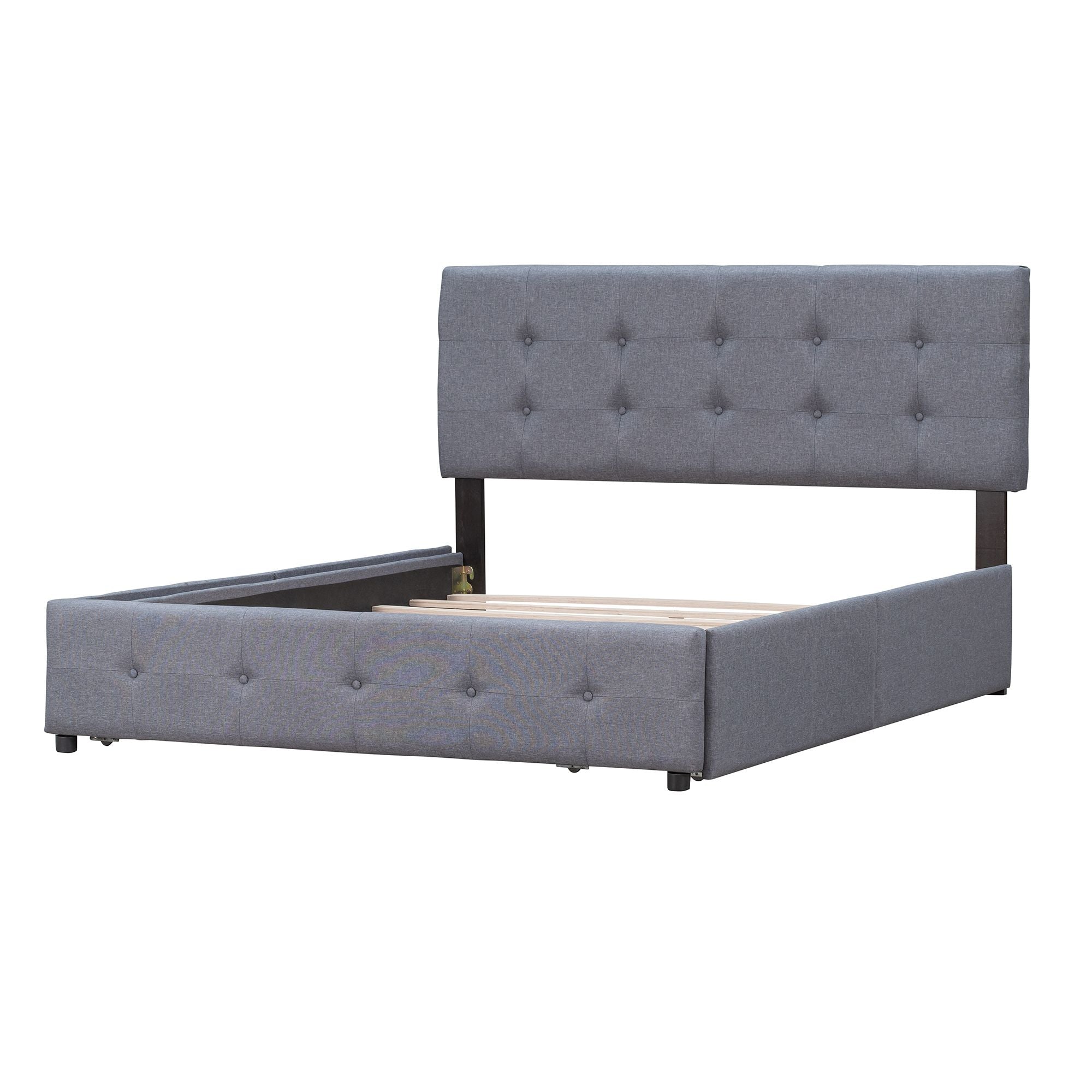 Upholstered Platform Bed with Classic Headboard and 4 Drawers; No Box Spring Needed; Linen Fabric; Queen Size
