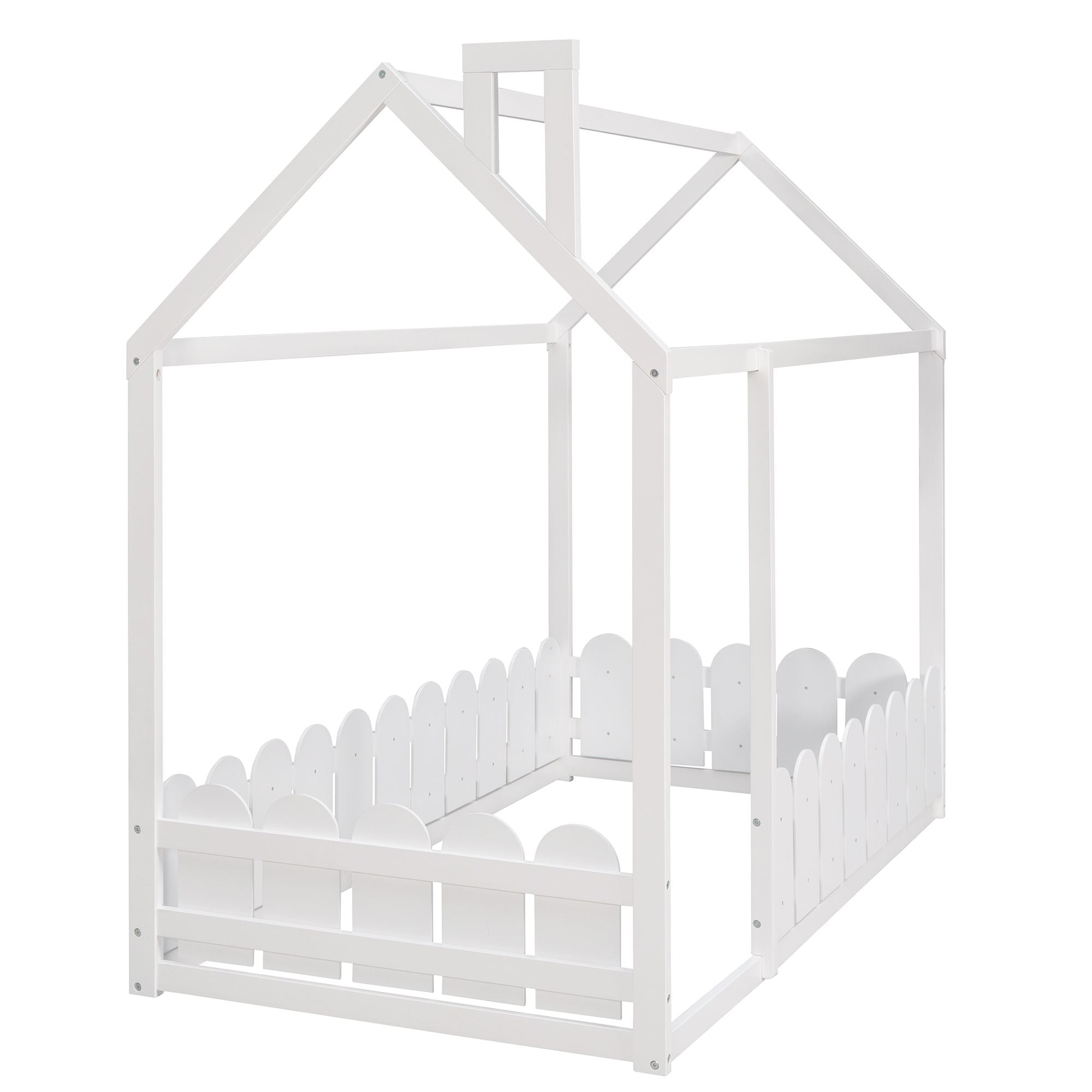 (Slats are not included) Twin Size Wood Bed House Bed Frame with Fence; for Kids; Teens; Girls; Boys