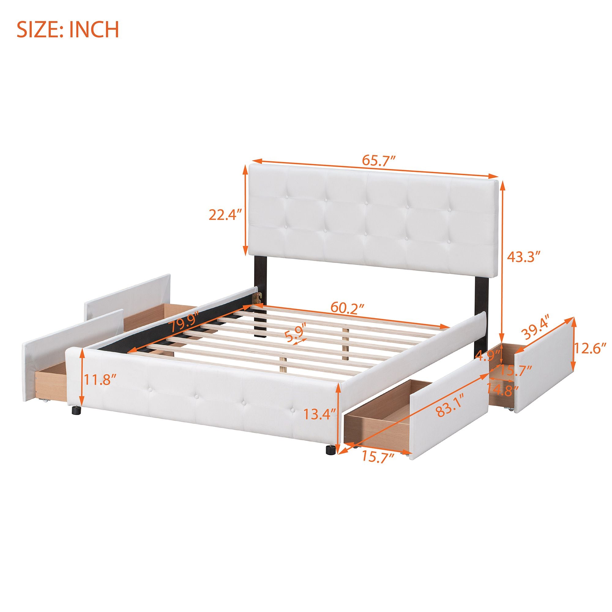Upholstered Platform Bed with Classic Headboard and 4 Drawers; No Box Spring Needed; Linen Fabric; Queen Size