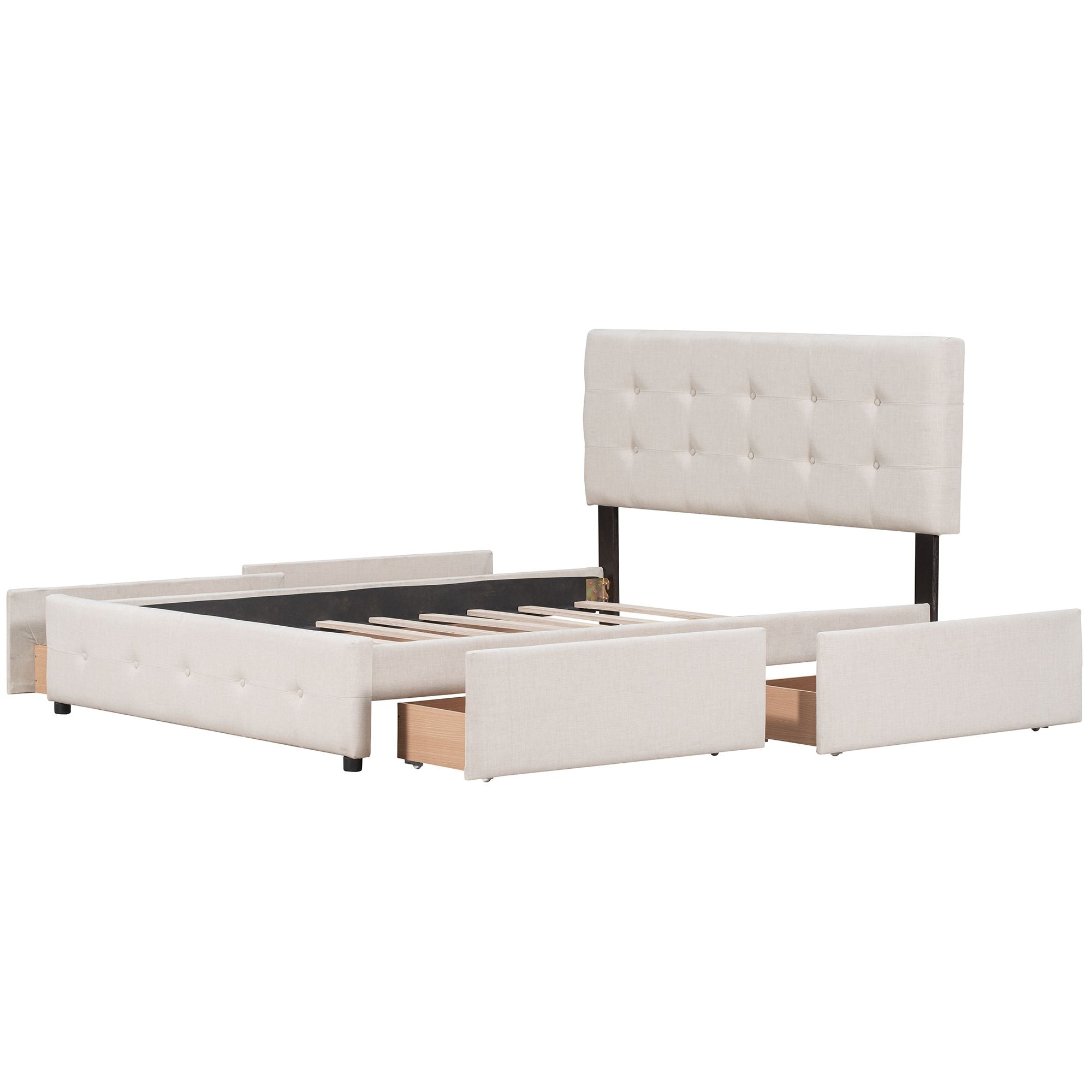 Upholstered Platform Bed with Classic Headboard and 4 Drawers; No Box Spring Needed; Linen Fabric; Queen Size