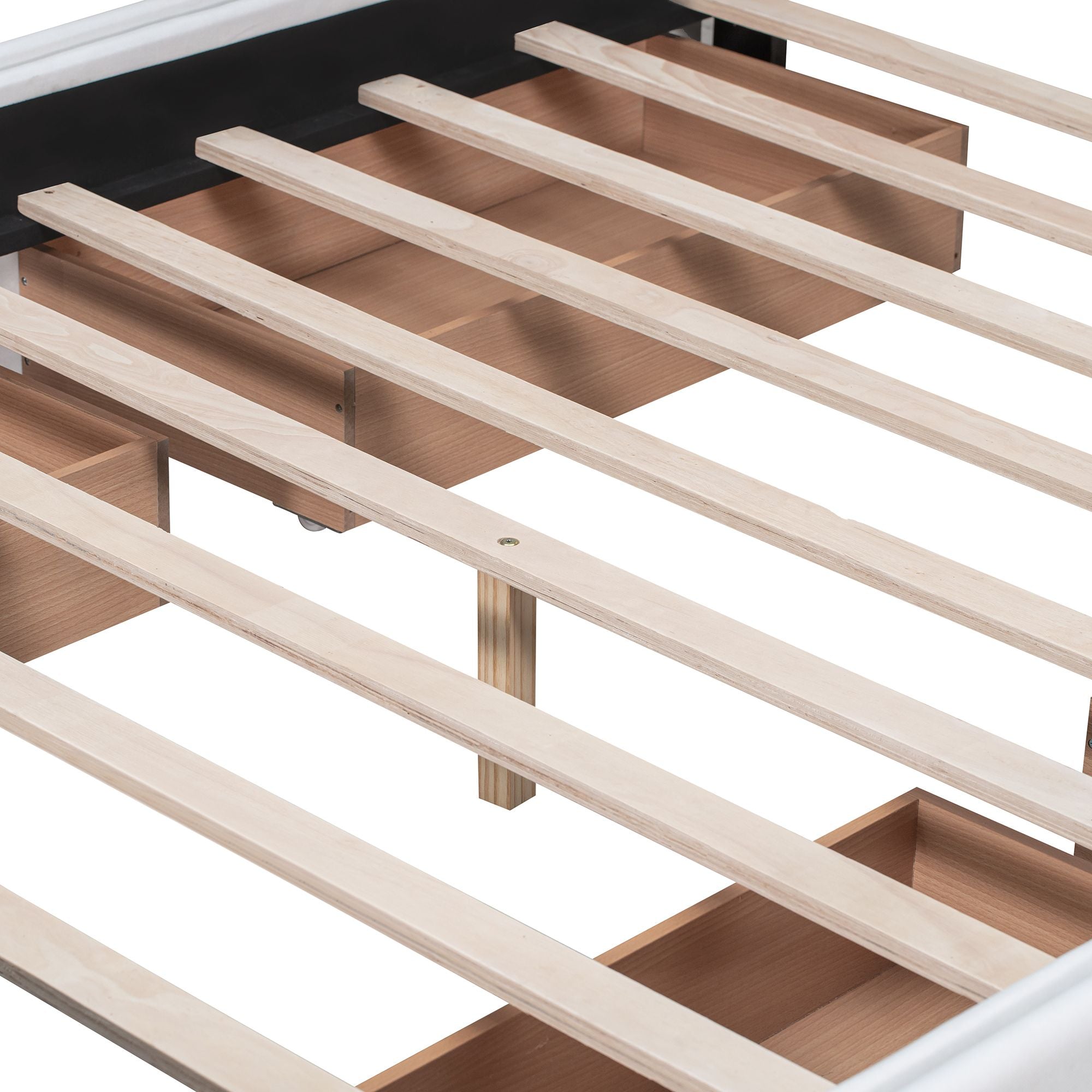 Upholstered Platform Bed with Classic Headboard and 4 Drawers; No Box Spring Needed; Linen Fabric; Queen Size