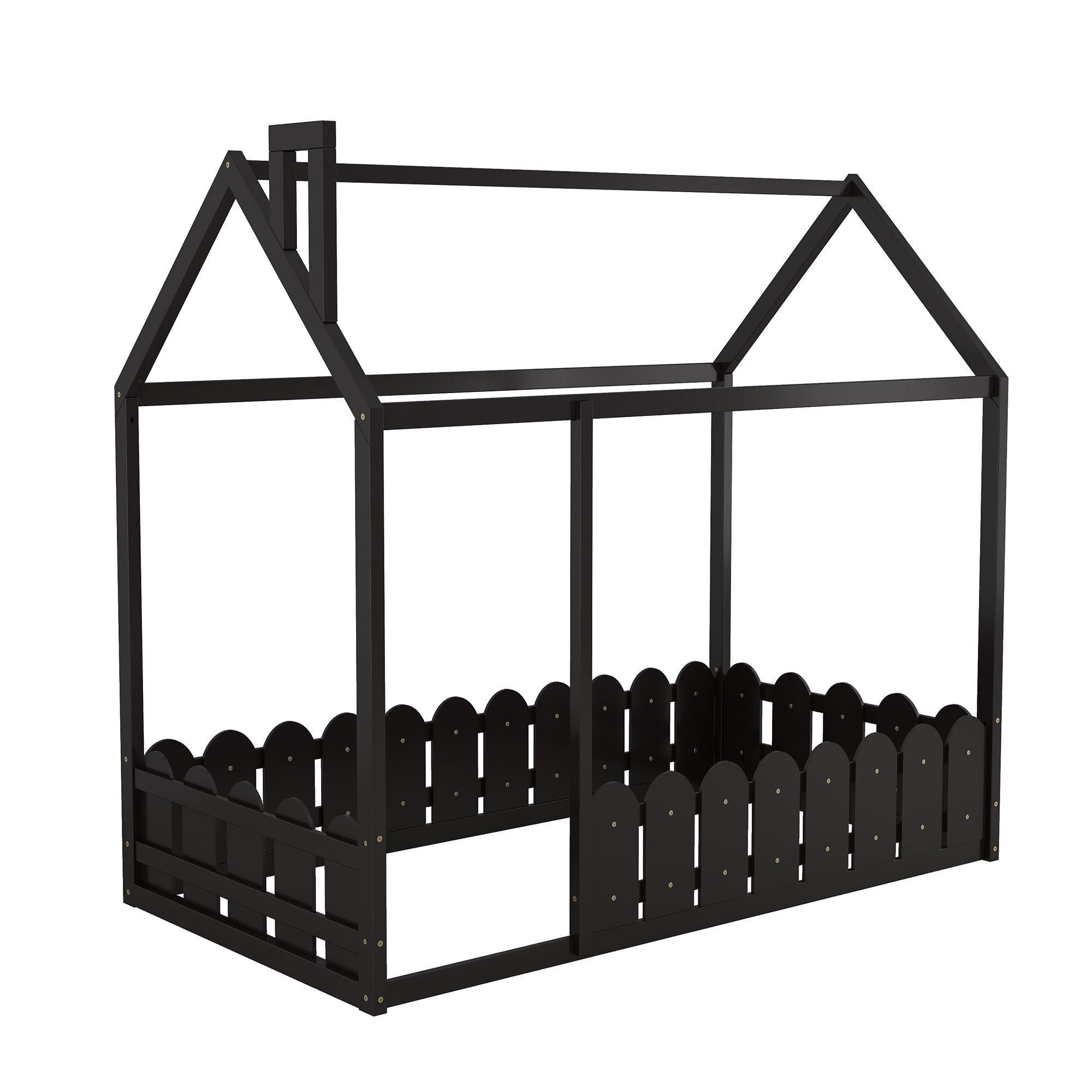 (Slats are not included) Twin Size Wood Bed House Bed Frame with Fence; for Kids; Teens; Girls; Boys