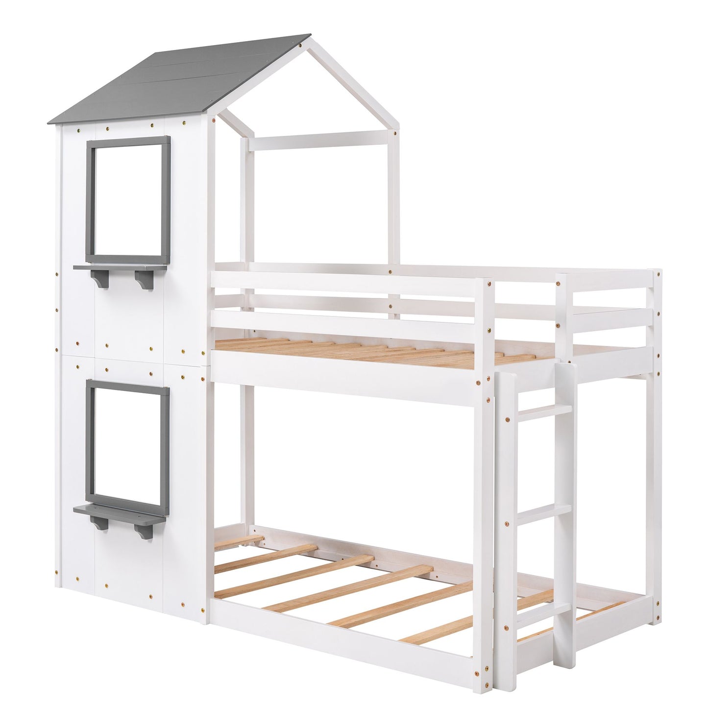 Twin Over Twin Bunk Bed Wood Bed with Roof; Window; Guardrail; Ladder