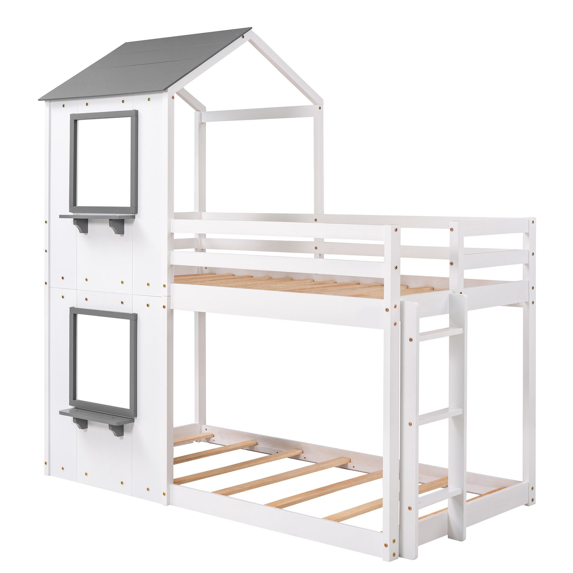Twin Over Twin Bunk Bed Wood Bed with Roof; Window; Guardrail; Ladder