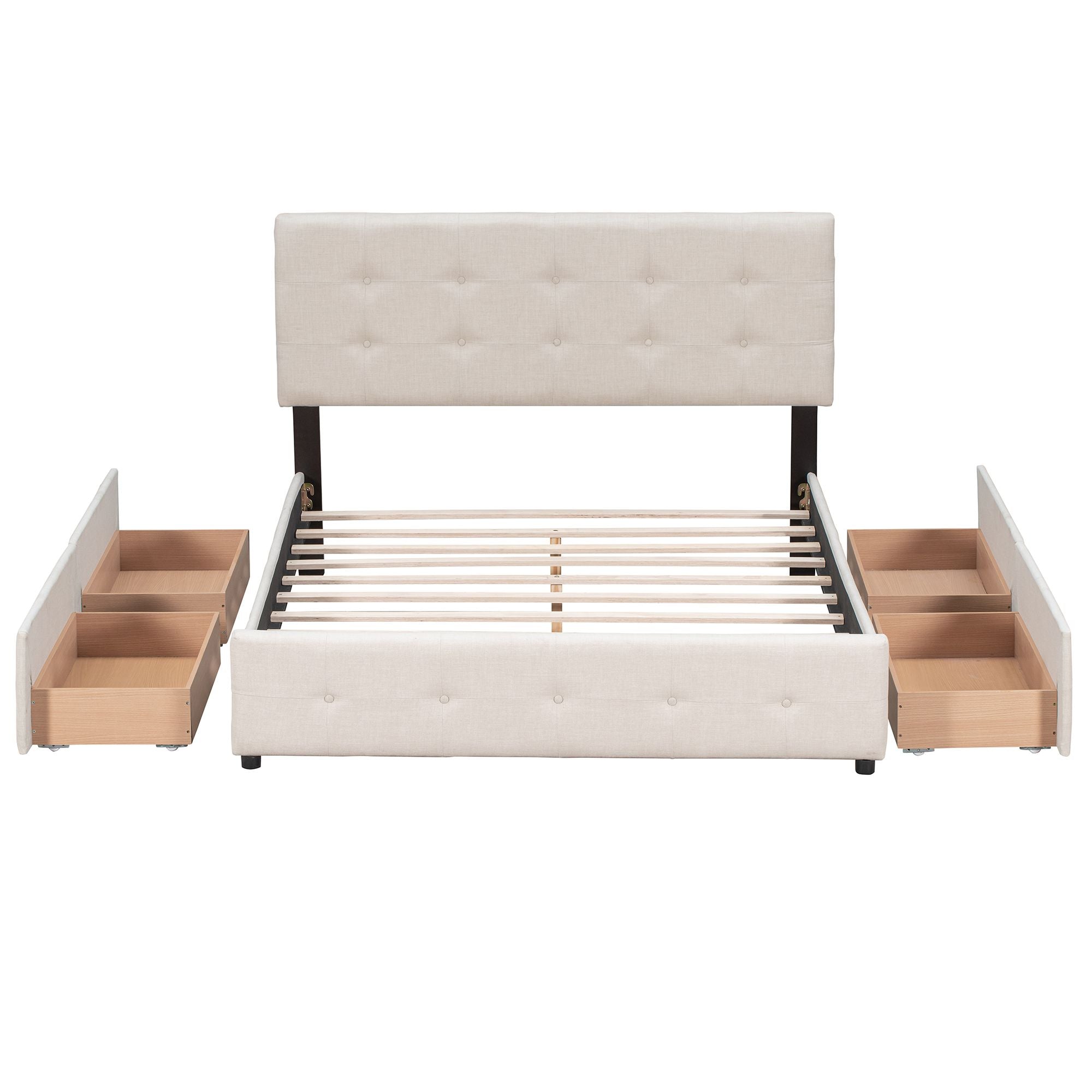 Upholstered Platform Bed with Classic Headboard and 4 Drawers; No Box Spring Needed; Linen Fabric; Queen Size