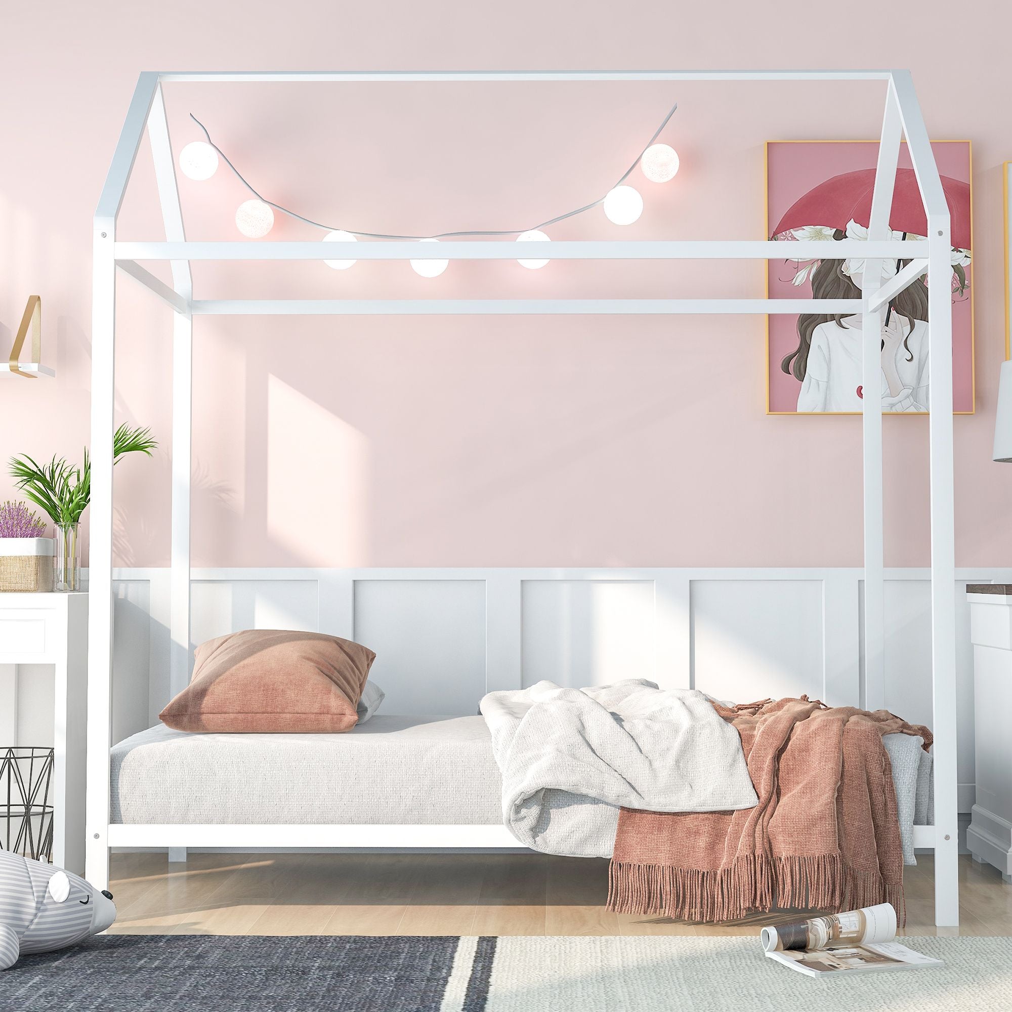 House Bed Frame Twin Size ; Kids Bed Frame Metal Platform Bed Floor Bed for Kids Boys Girls No Box Spring Needed