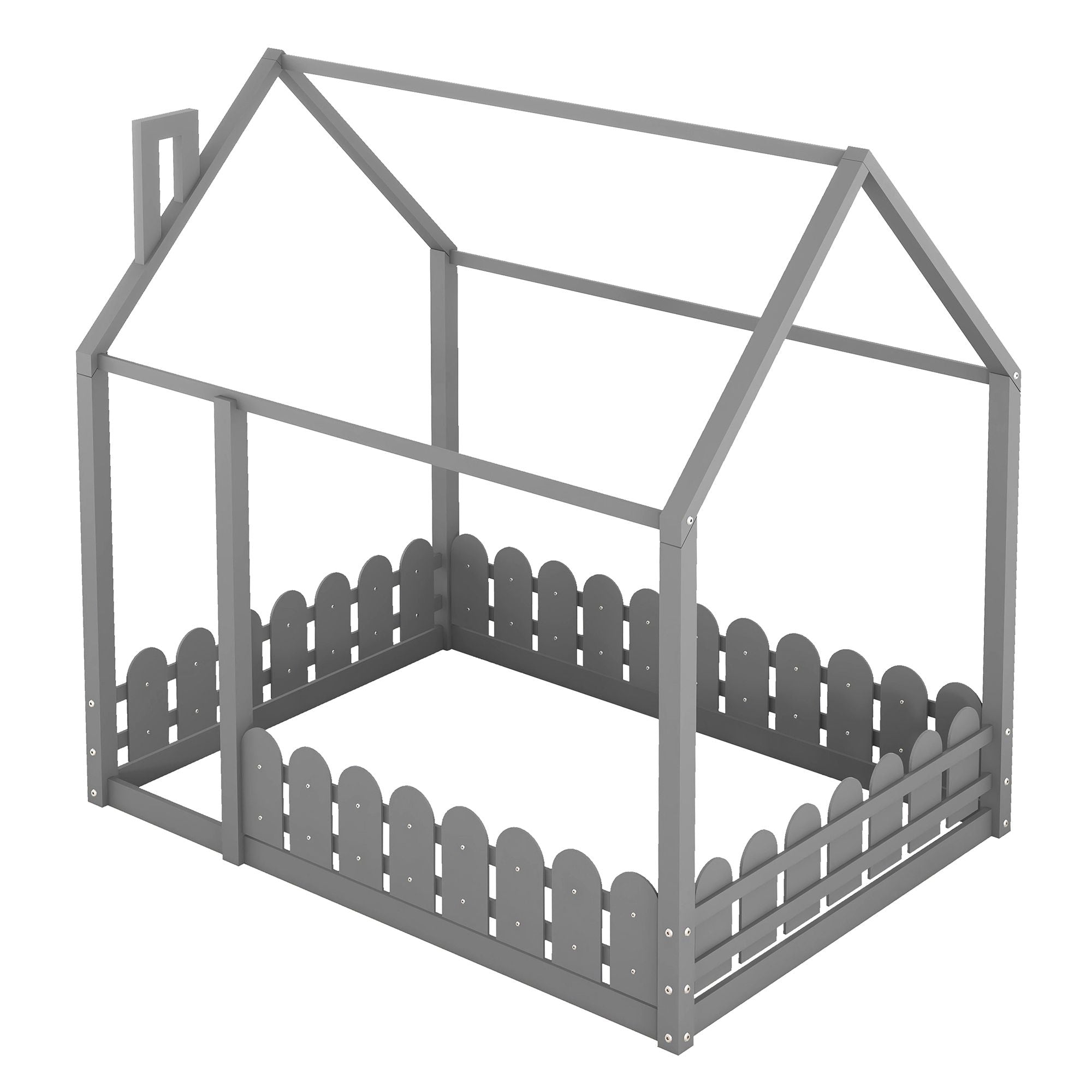 (Slats are not included) Full Size Wood Bed House Bed Frame with Fence; for Kids; Teens; Girls; Boys