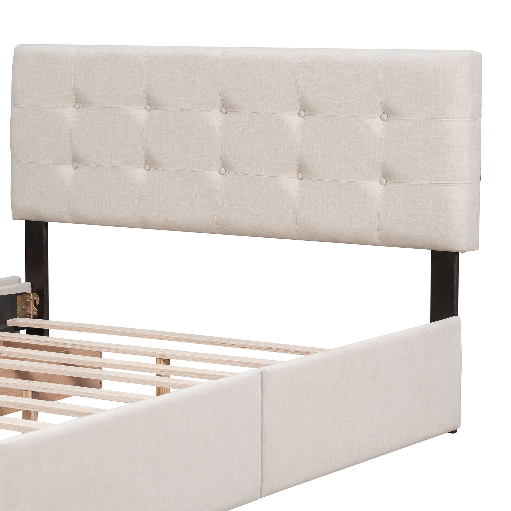 Upholstered Platform Bed with Classic Headboard and 4 Drawers; No Box Spring Needed; Linen Fabric; Queen Size