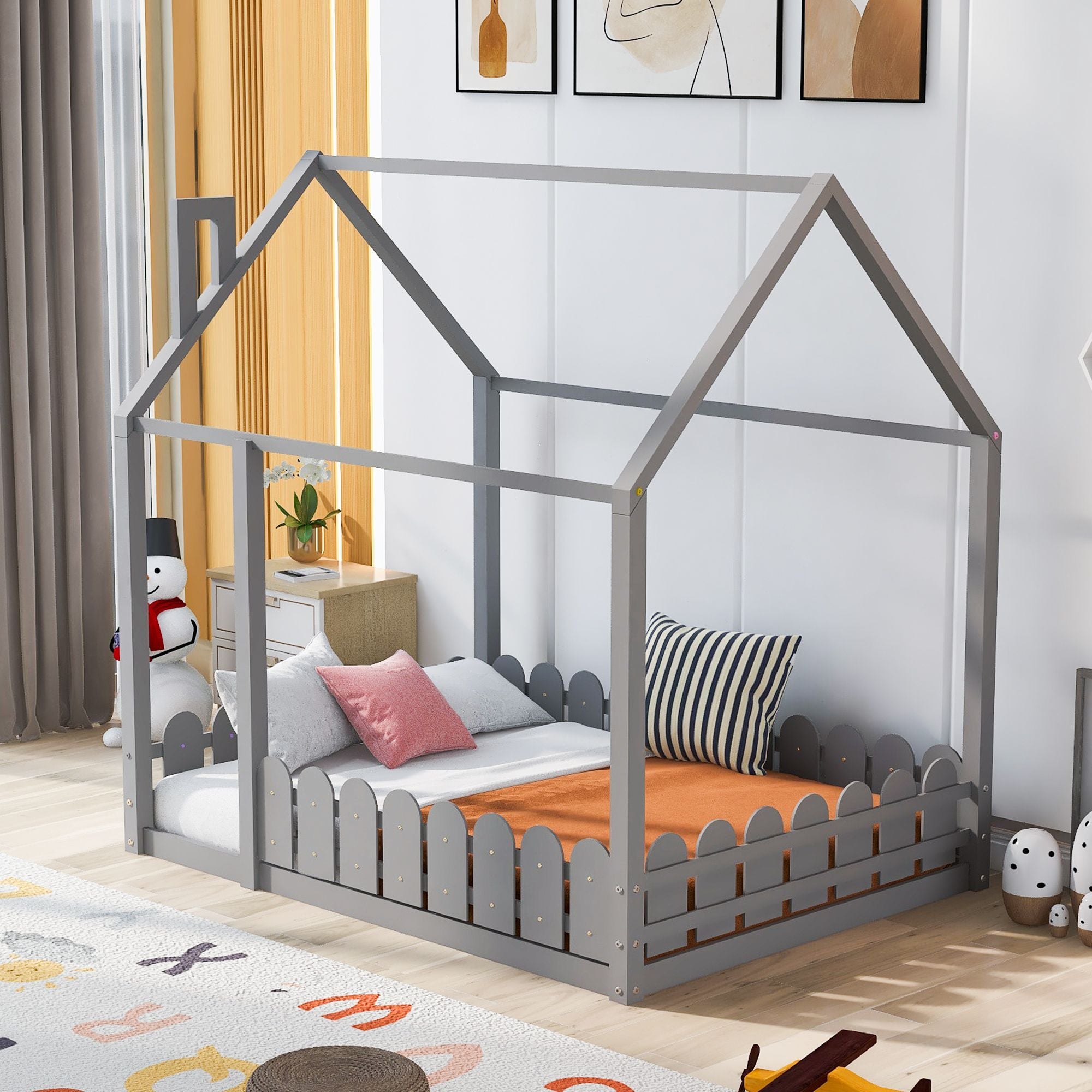 (Slats are not included) Full Size Wood Bed House Bed Frame with Fence; for Kids; Teens; Girls; Boys