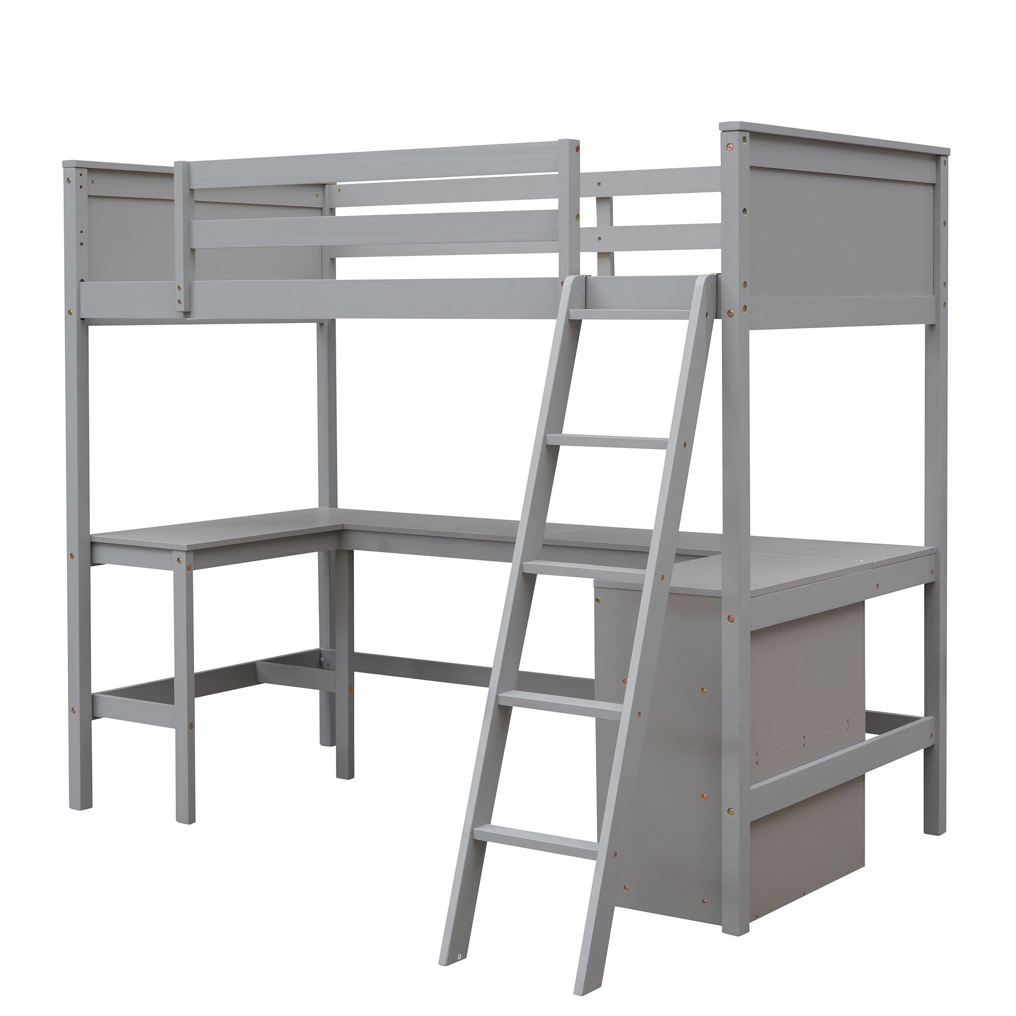 Twin size Loft Bed with Shelves and Desk; Wooden Loft Bed with Desk