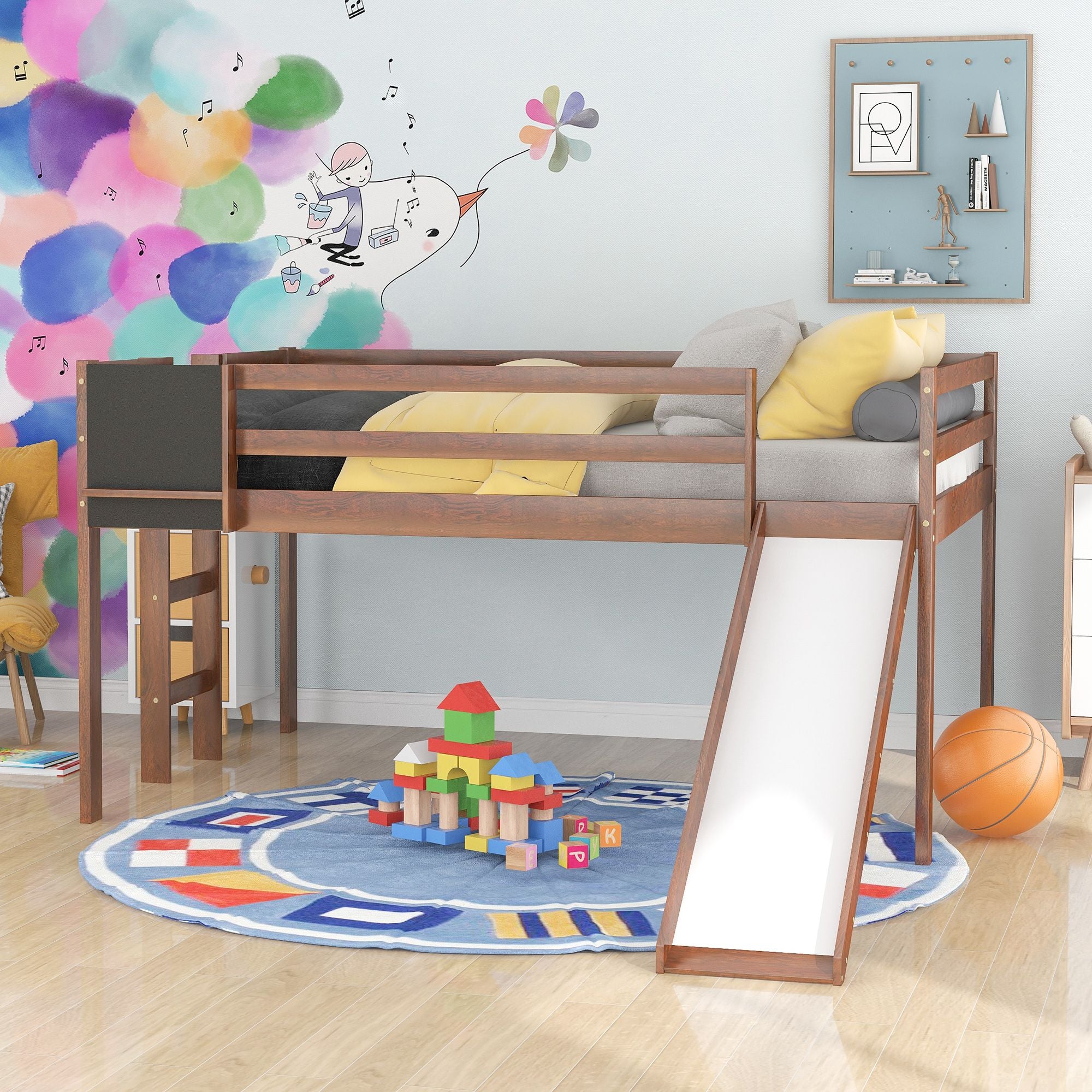 Full size Loft Bed Wood Bed with Slide; Stair and Chalkboard