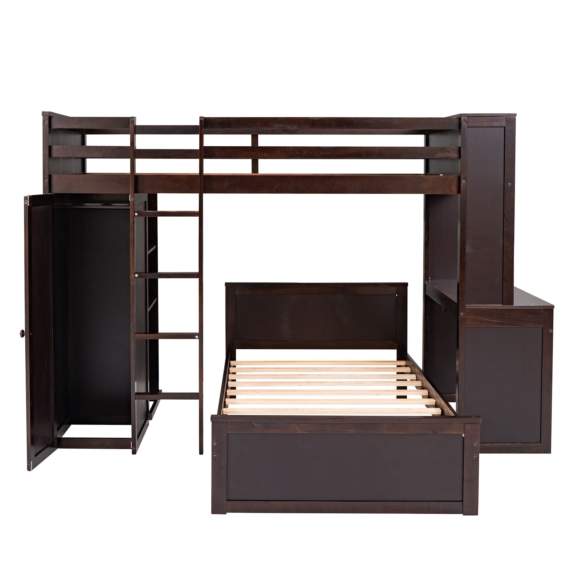 Twin size Loft Bed with a Stand-alone bed; Shelves; Desk; and Wardrobe