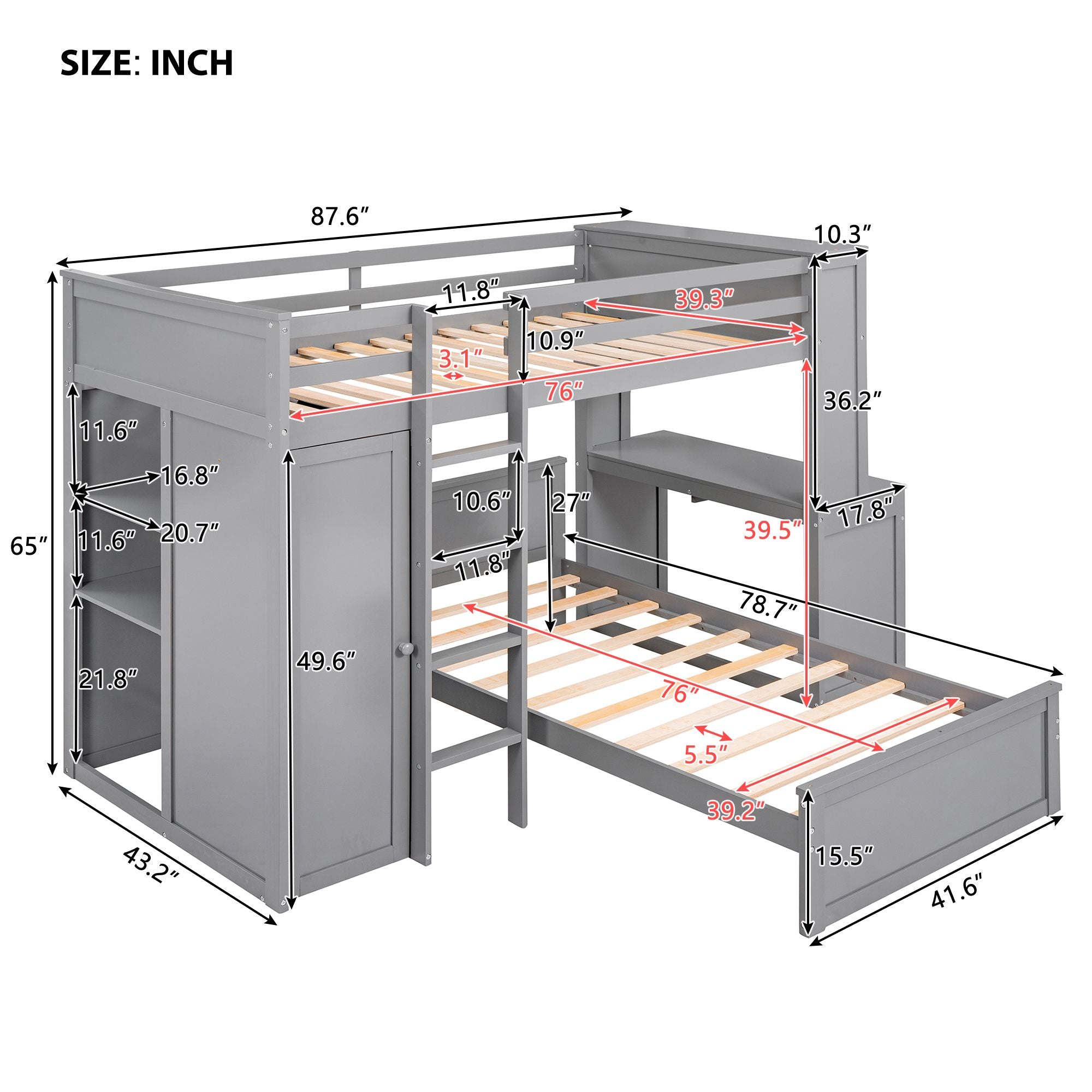 Twin size Loft Bed with a Stand-alone bed; Shelves; Desk; and Wardrobe