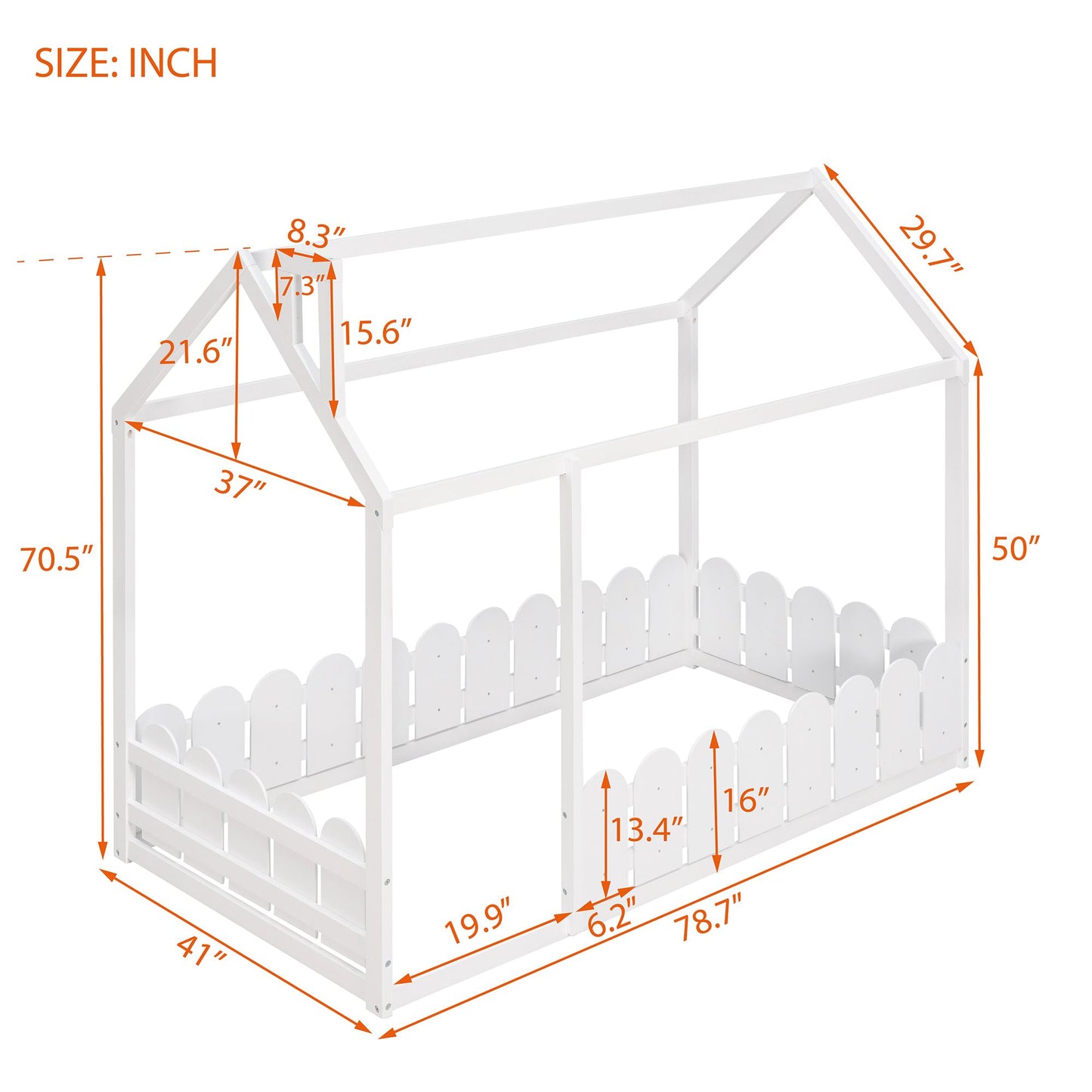 (Slats are not included) Twin Size Wood Bed House Bed Frame with Fence; for Kids; Teens; Girls; Boys