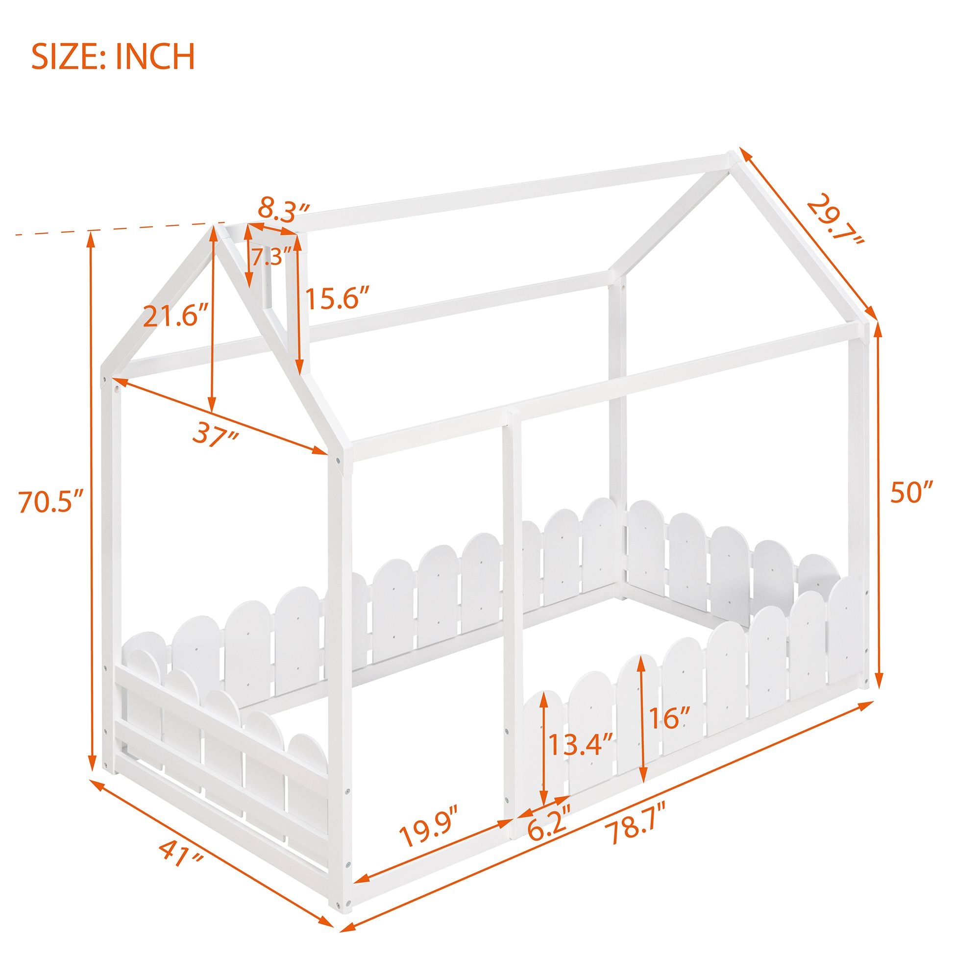 (Slats are not included) Twin Size Wood Bed House Bed Frame with Fence; for Kids; Teens; Girls; Boys