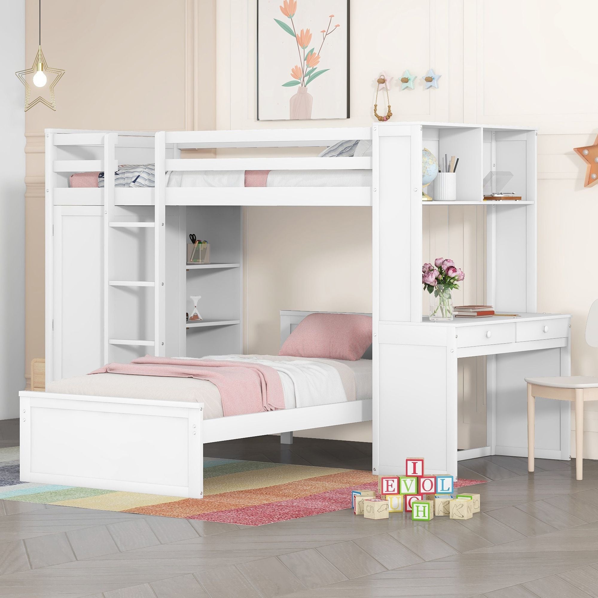 Twin size Loft Bed with a Stand-alone bed; Shelves; Desk; and Wardrobe