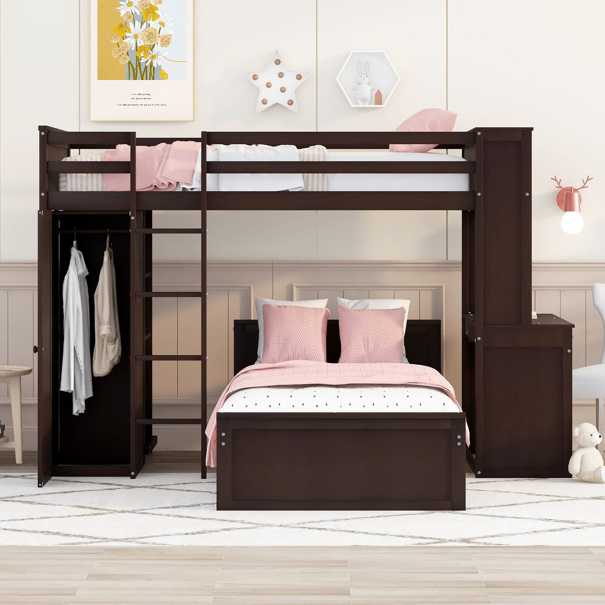 Twin size Loft Bed with a Stand-alone bed; Shelves; Desk; and Wardrobe