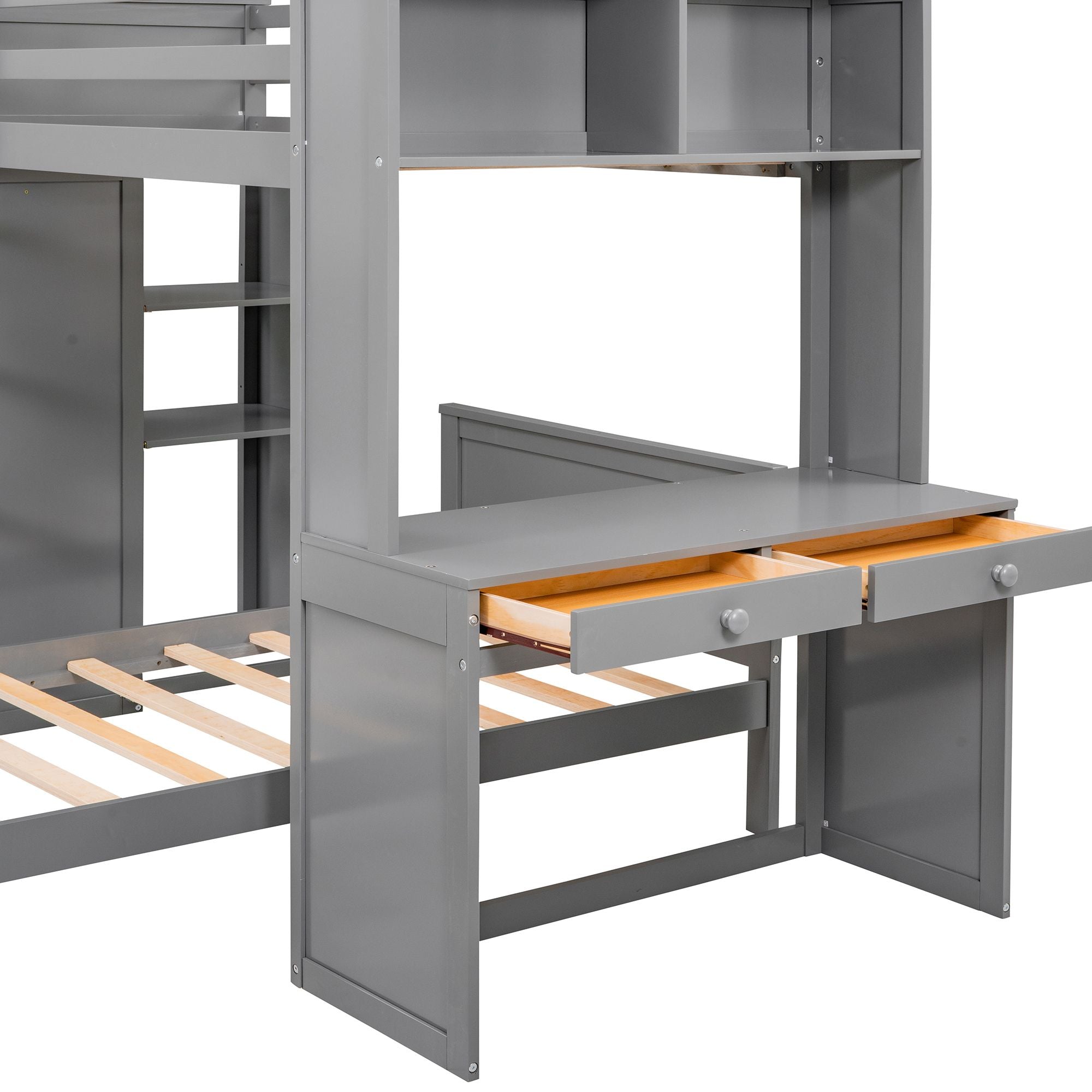 Twin size Loft Bed with a Stand-alone bed; Shelves; Desk; and Wardrobe
