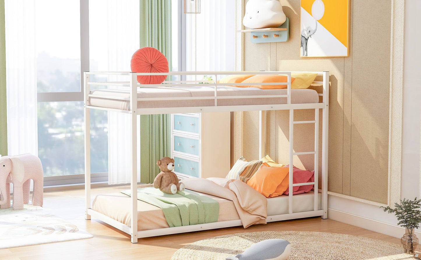 Twin over Twin Metal Bunk Bed; Low Bunk Bed with Ladder