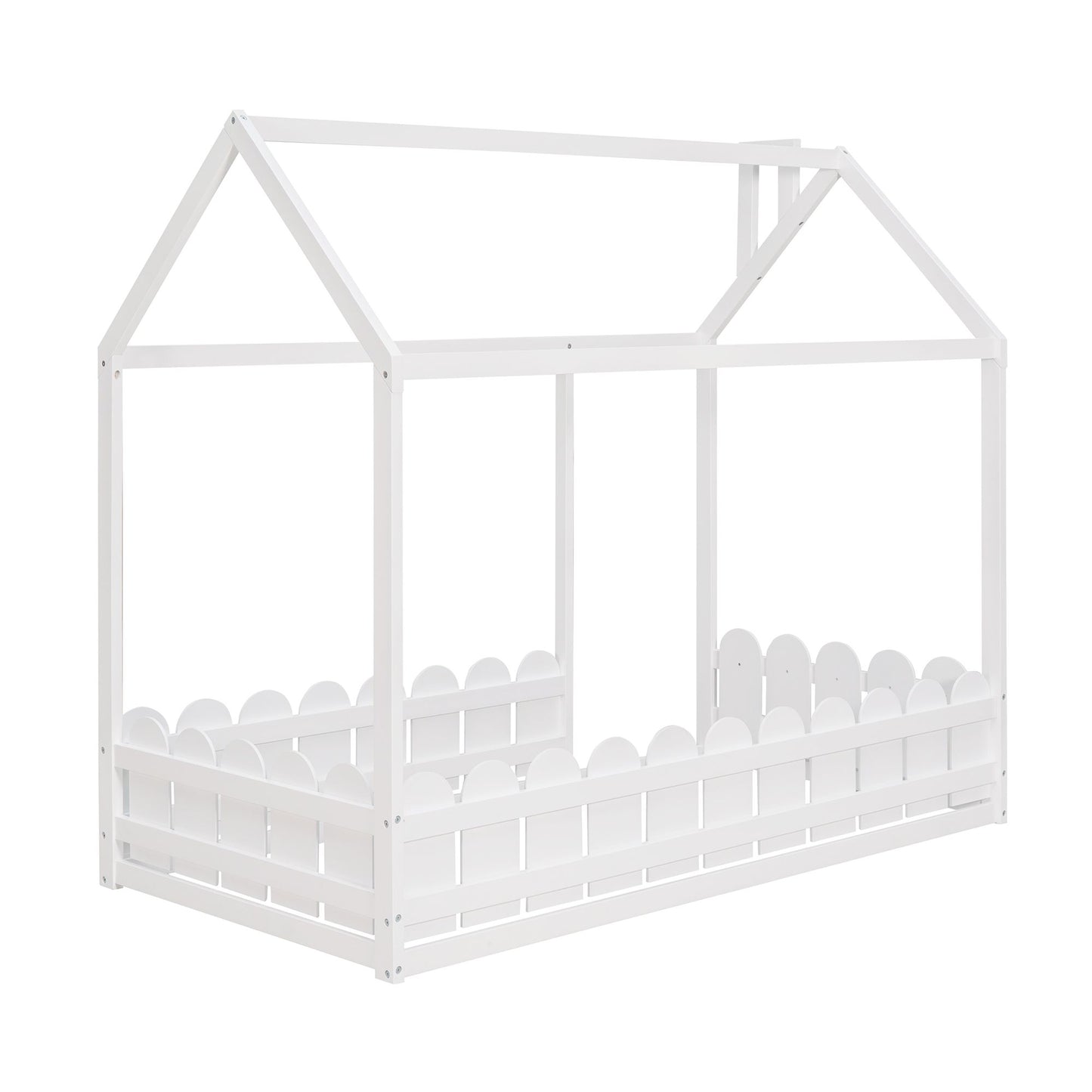(Slats are not included) Twin Size Wood Bed House Bed Frame with Fence; for Kids; Teens; Girls; Boys