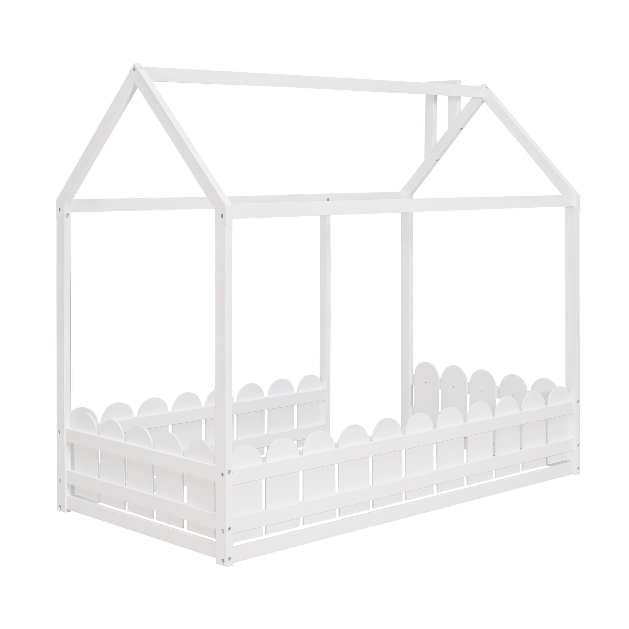 (Slats are not included) Twin Size Wood Bed House Bed Frame with Fence; for Kids; Teens; Girls; Boys