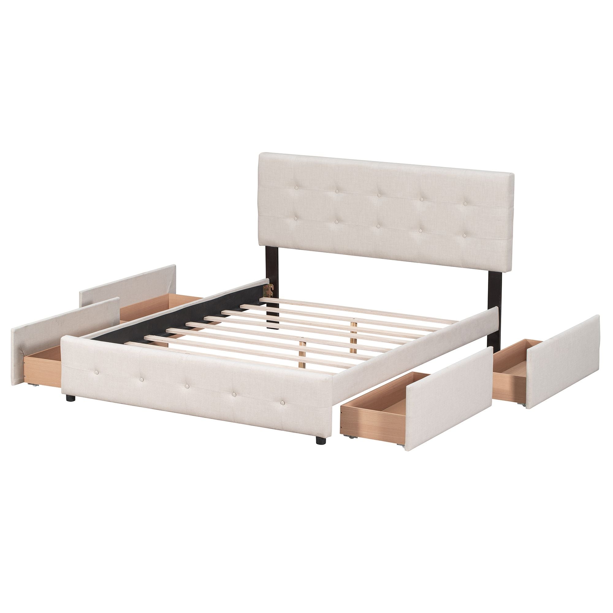 Upholstered Platform Bed with Classic Headboard and 4 Drawers; No Box Spring Needed; Linen Fabric; Queen Size