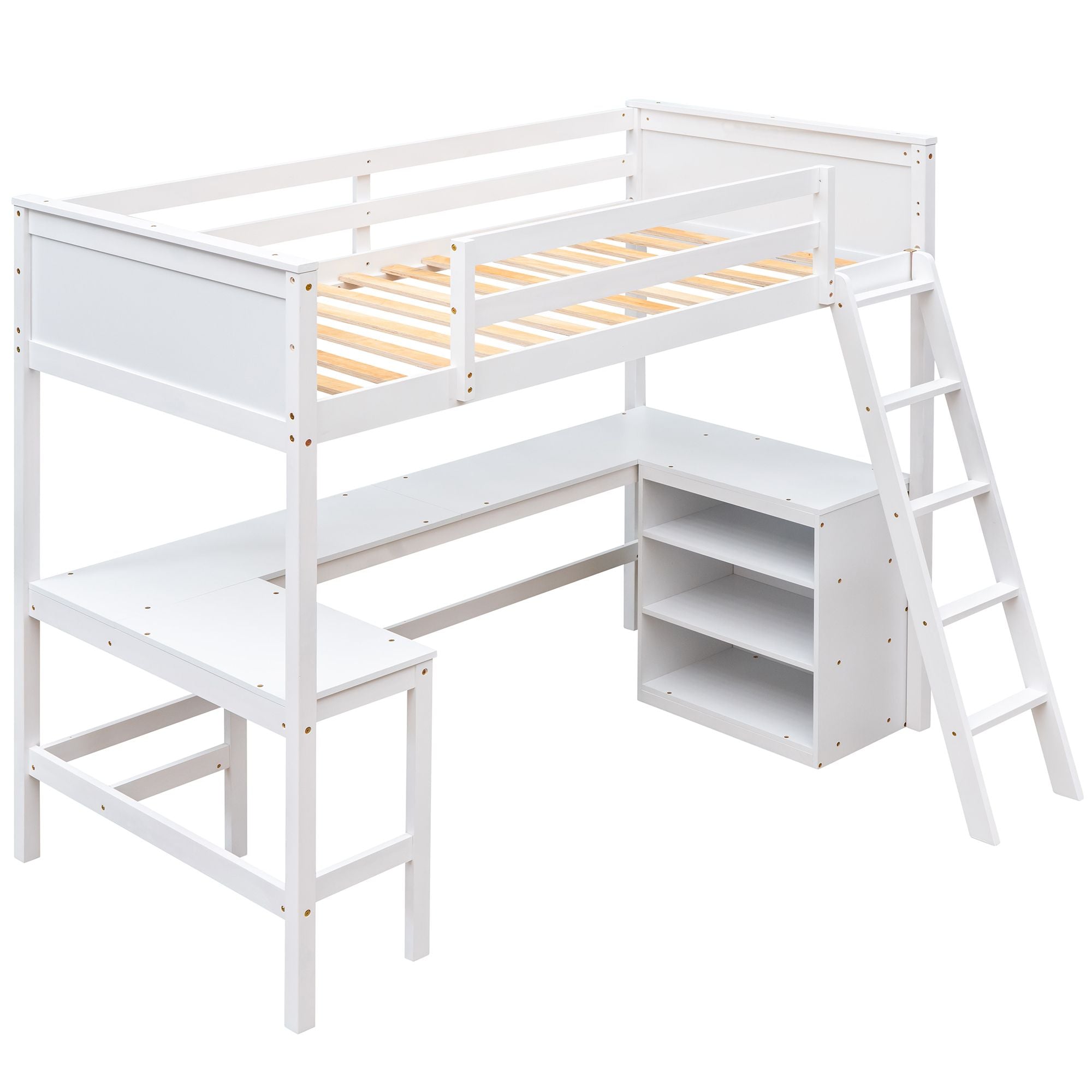 Twin size Loft Bed with Shelves and Desk; Wooden Loft Bed with Desk