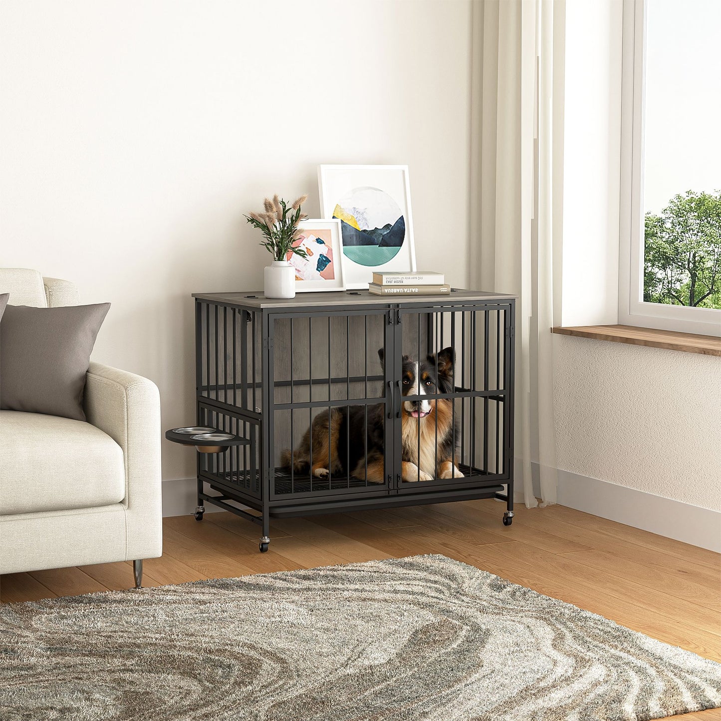 Modern Kennel Dogs room up to 80 LB, Dog crate furniture with Multi-Purpose Rremovable Ttray, Double-Door Dog House, lift Panel, 360 Degree Rotation -3 Height Adjustable Feeding Bowls